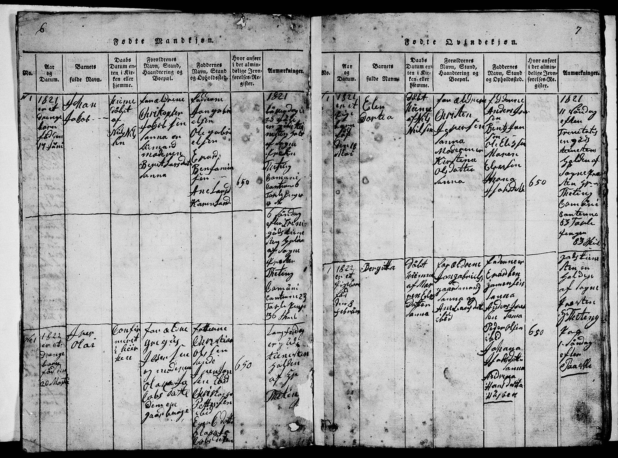 Ministerialprotokoller, klokkerbøker og fødselsregistre - Nordland, SAT/A-1459/840/L0581: Klokkerbok nr. 840C01, 1820-1873, s. 6-7