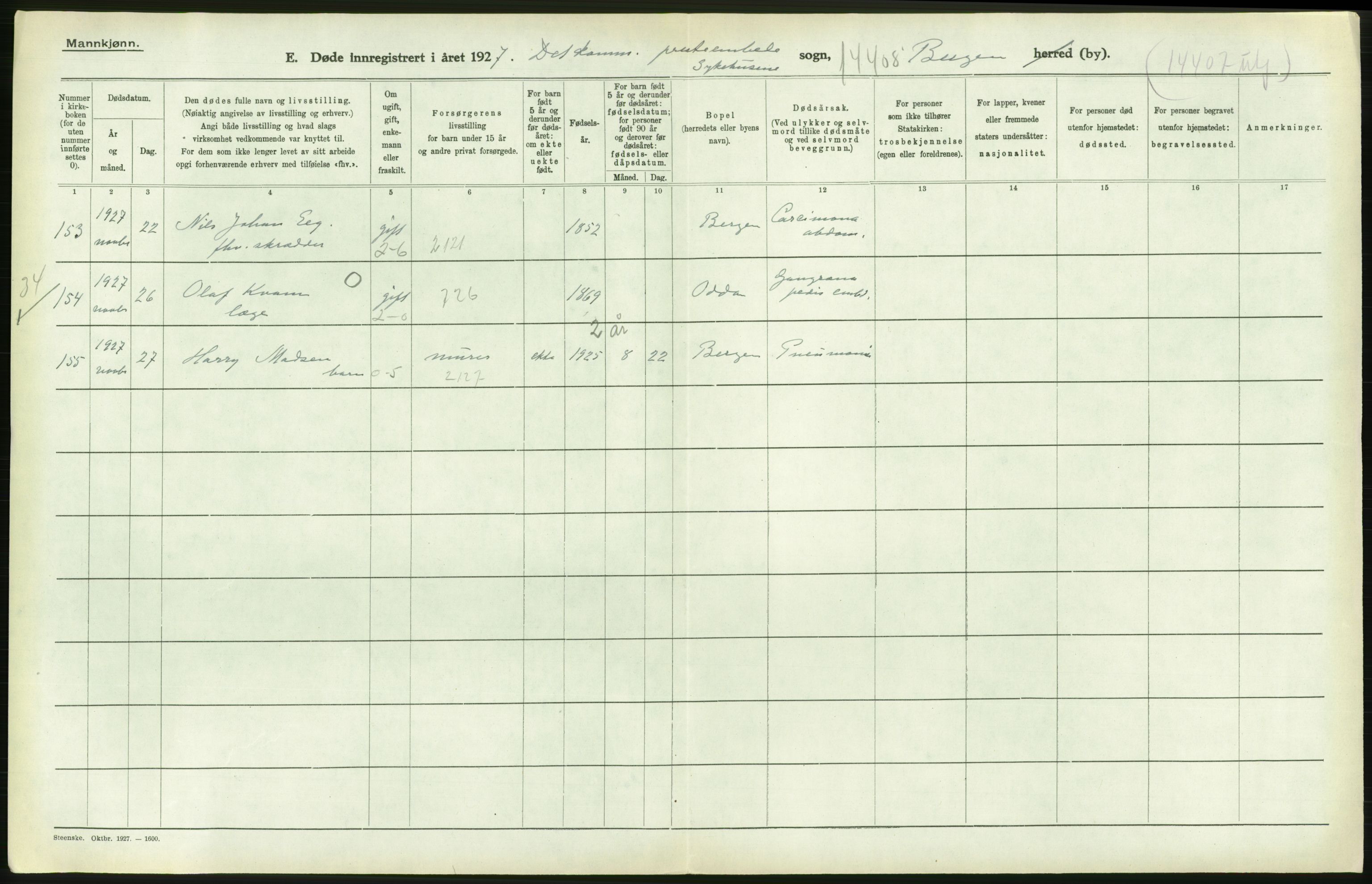 Statistisk sentralbyrå, Sosiodemografiske emner, Befolkning, AV/RA-S-2228/D/Df/Dfc/Dfcg/L0028: Bergen: Gifte, døde., 1927, s. 604