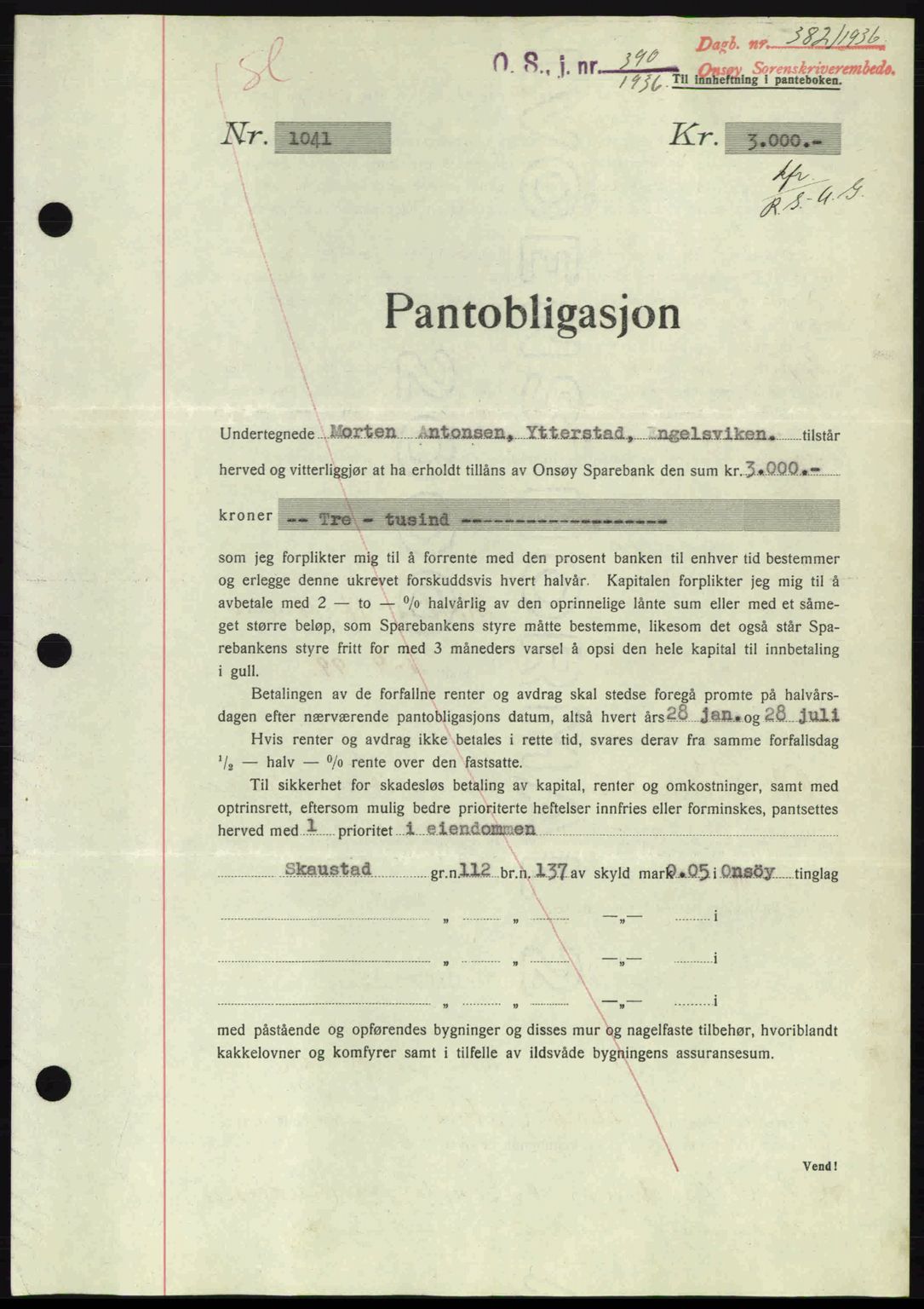 Onsøy sorenskriveri, SAO/A-10474/G/Ga/Gac/L0001: Pantebok nr. B1, 1936-1938, Dagboknr: 382/1936