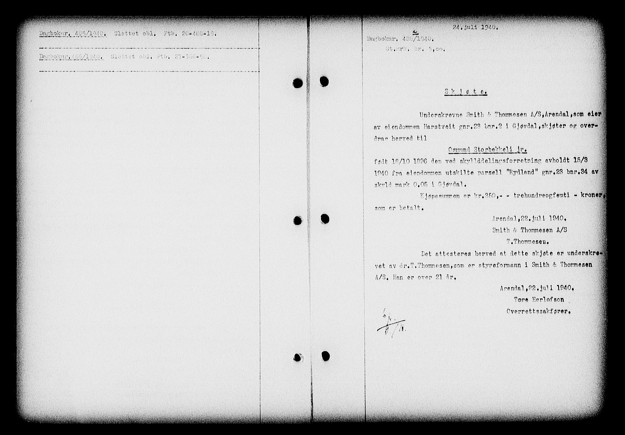 Nedenes sorenskriveri, SAK/1221-0006/G/Gb/Gba/L0047: Pantebok nr. A-I, 1939-1940, Dagboknr: 488/1940