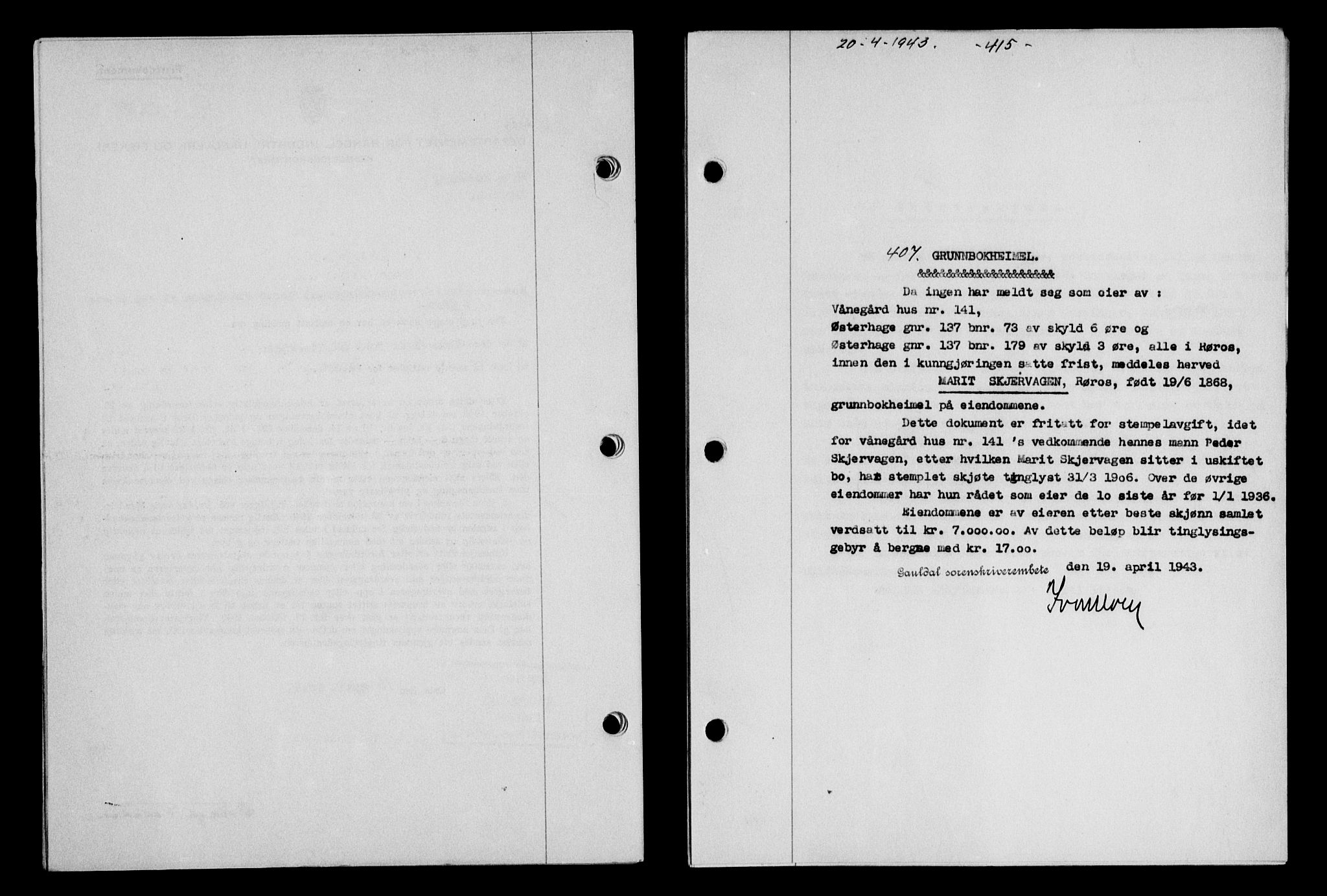 Gauldal sorenskriveri, SAT/A-0014/1/2/2C/L0056: Pantebok nr. 61, 1942-1943, Dagboknr: 407/1943