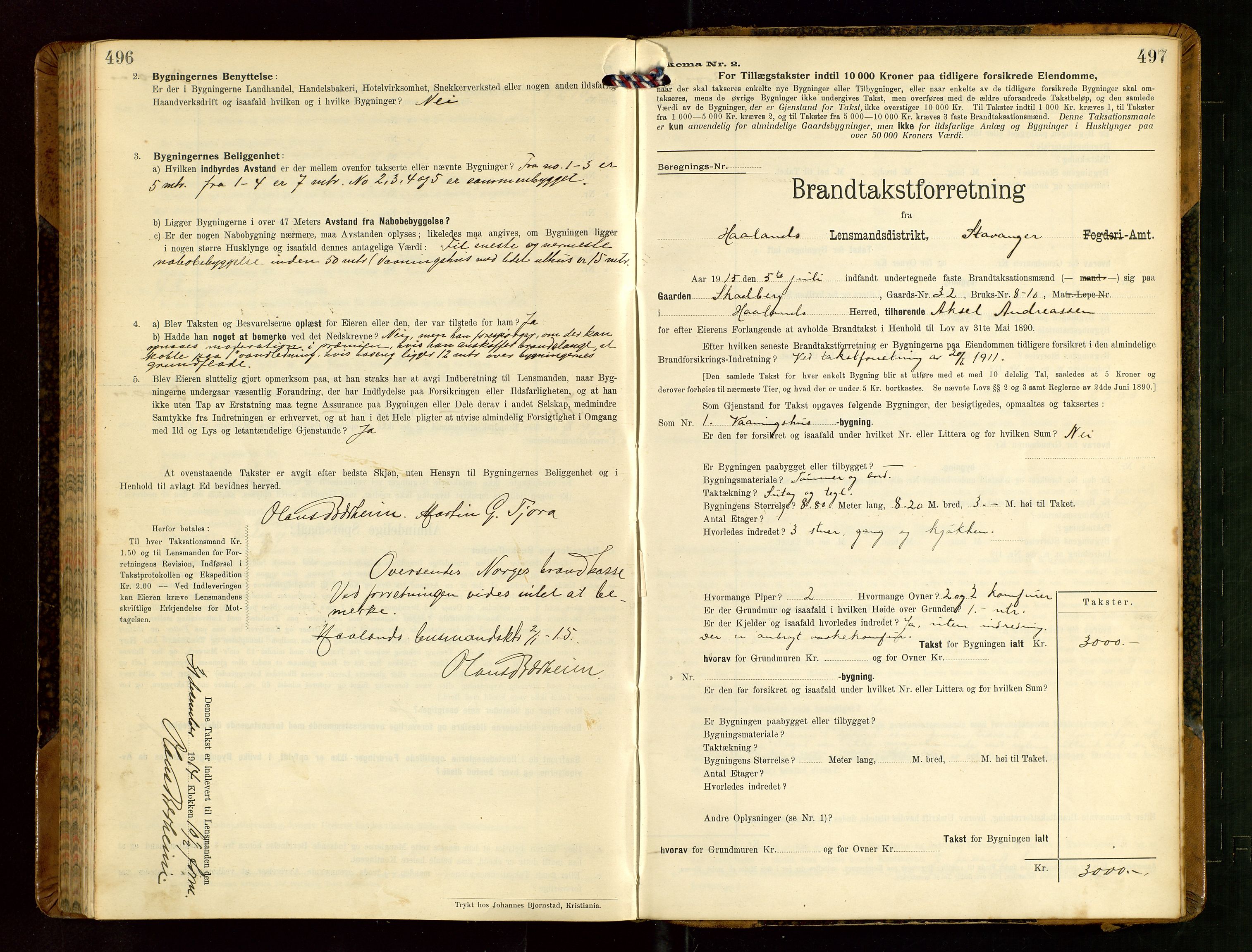 Håland lensmannskontor, AV/SAST-A-100100/Gob/L0004: Branntakstprotokoll - skjematakst. Register i boken., 1913-1915, s. 496-497