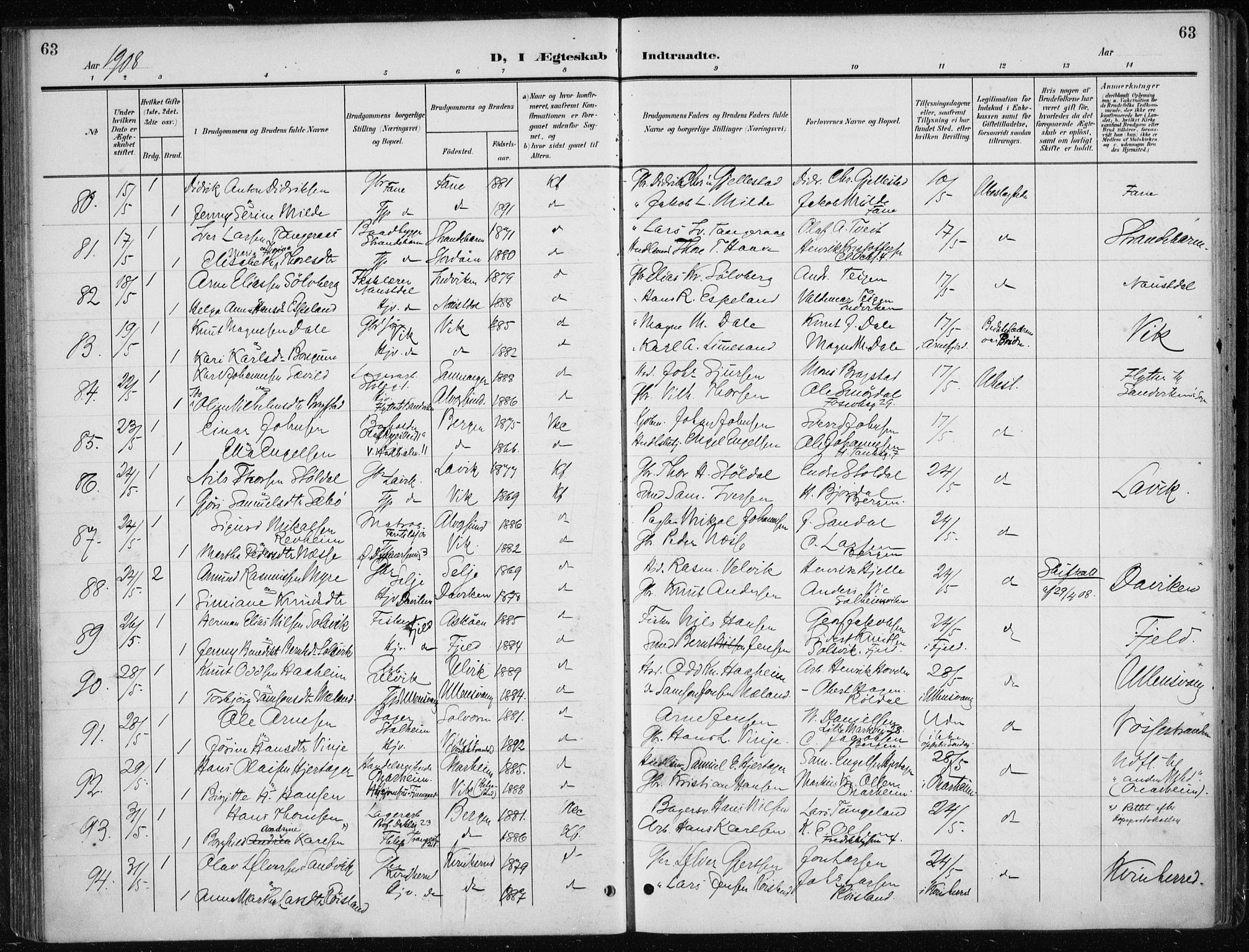 Nykirken Sokneprestembete, AV/SAB-A-77101/H/Haa/L0035: Ministerialbok nr. D 5, 1905-1913, s. 63