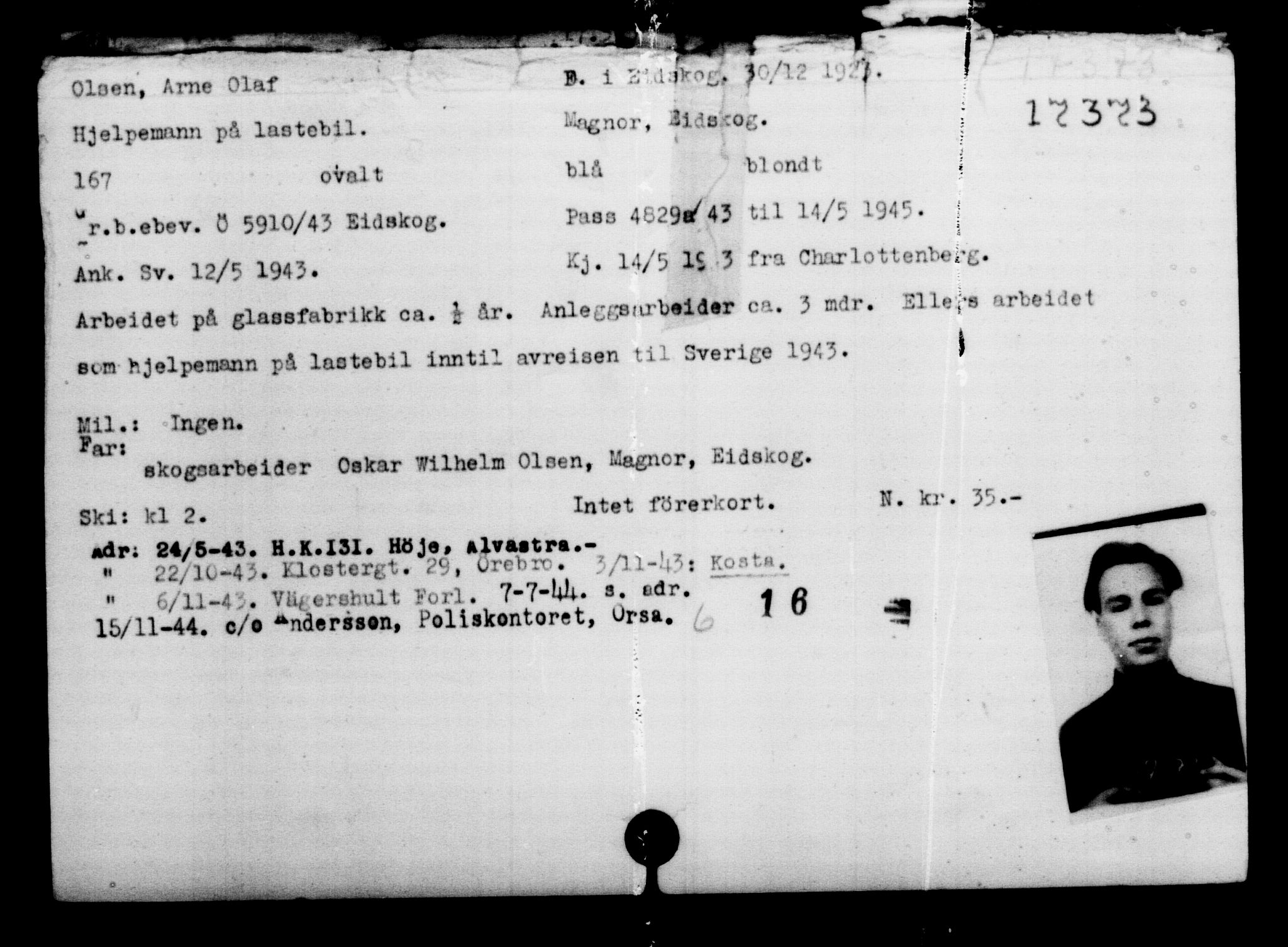 Utenriksstasjonene, Legasjonen i Stockholm, Flyktningkontoret, AV/RA-S-6753/V/Va/L0008: Kjesäterkartoteket, flyktninger med registreringsnr. 15700-18547, 1940-1945, s. 1849