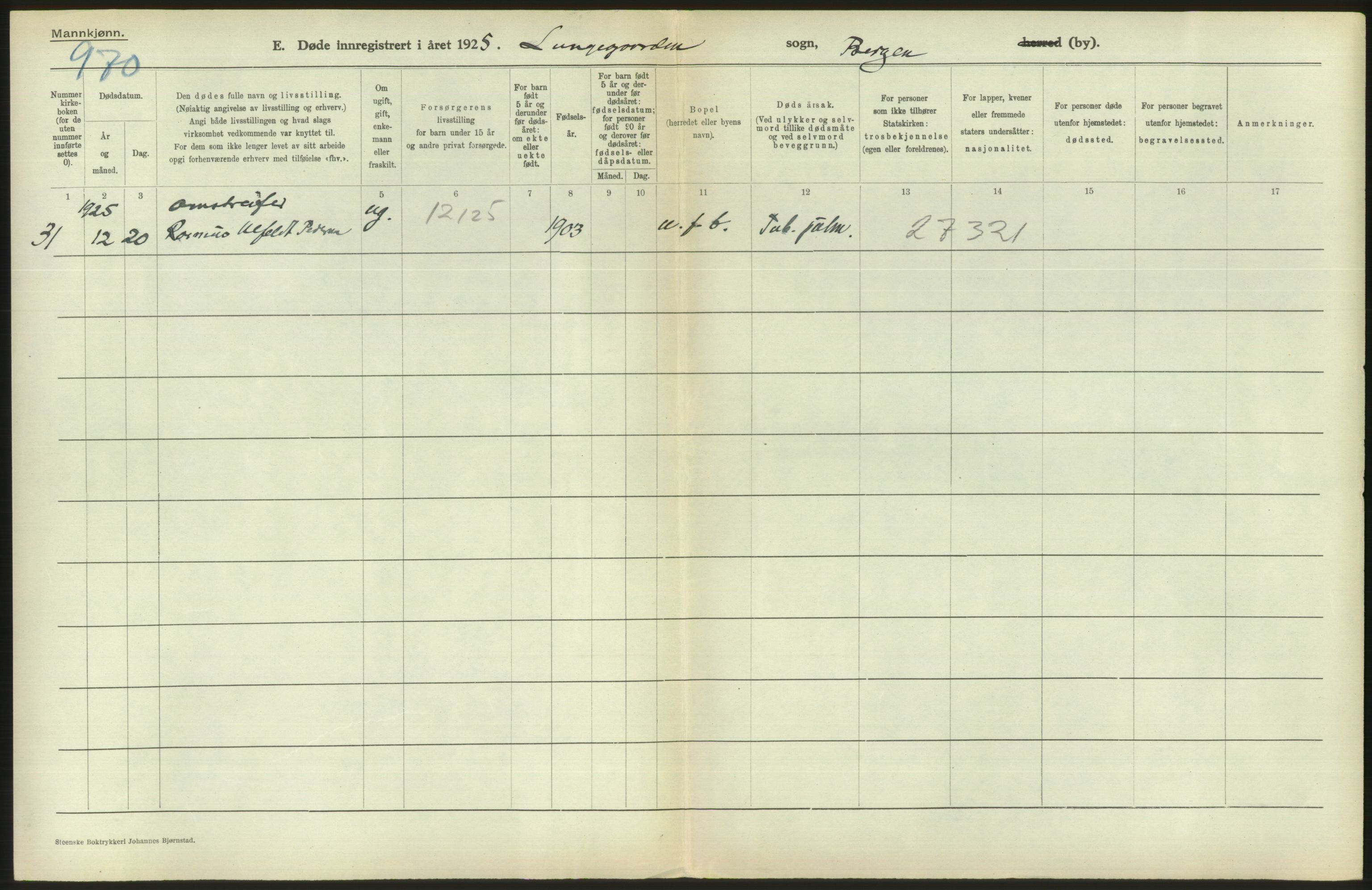 Statistisk sentralbyrå, Sosiodemografiske emner, Befolkning, AV/RA-S-2228/D/Df/Dfc/Dfce/L0029: Bergen: Gifte, døde., 1925, s. 490