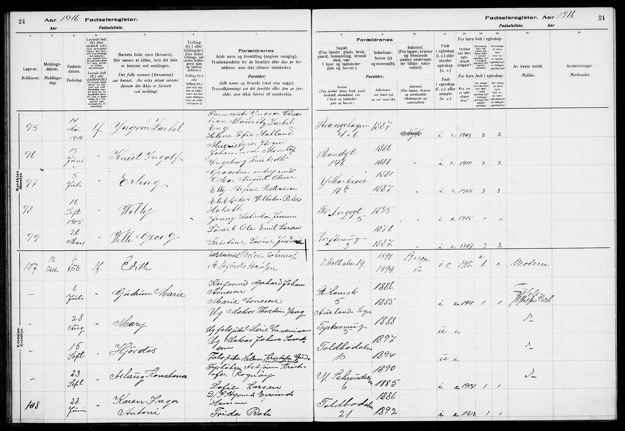 Nykirken Sokneprestembete, AV/SAB-A-77101/I/Id/L00A1: Fødselsregister nr. A 1, 1916-1922, s. 24