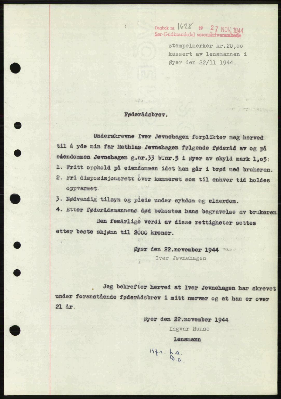 Sør-Gudbrandsdal tingrett, SAH/TING-004/H/Hb/Hbe/L0003: Pantebok nr. B3, 1943-1948, Dagboknr: 1628/1944