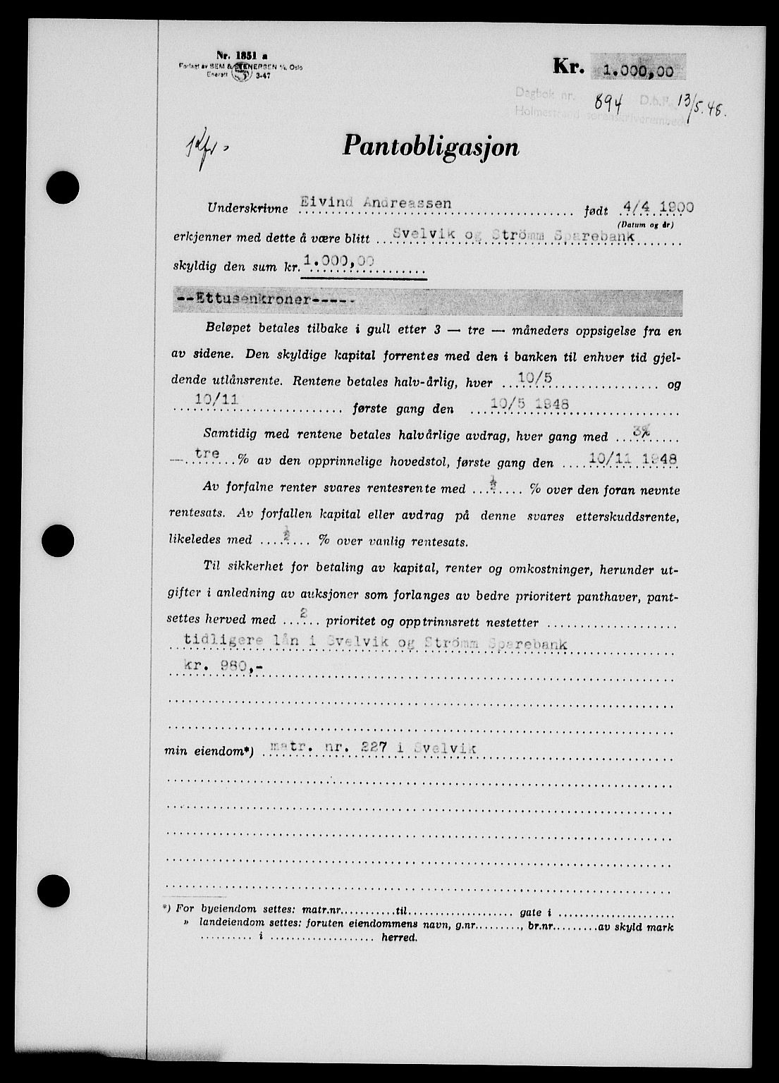 Holmestrand sorenskriveri, SAKO/A-67/G/Ga/Gab/L0058: Pantebok nr. B-58, 1947-1948, Dagboknr: 894/1948