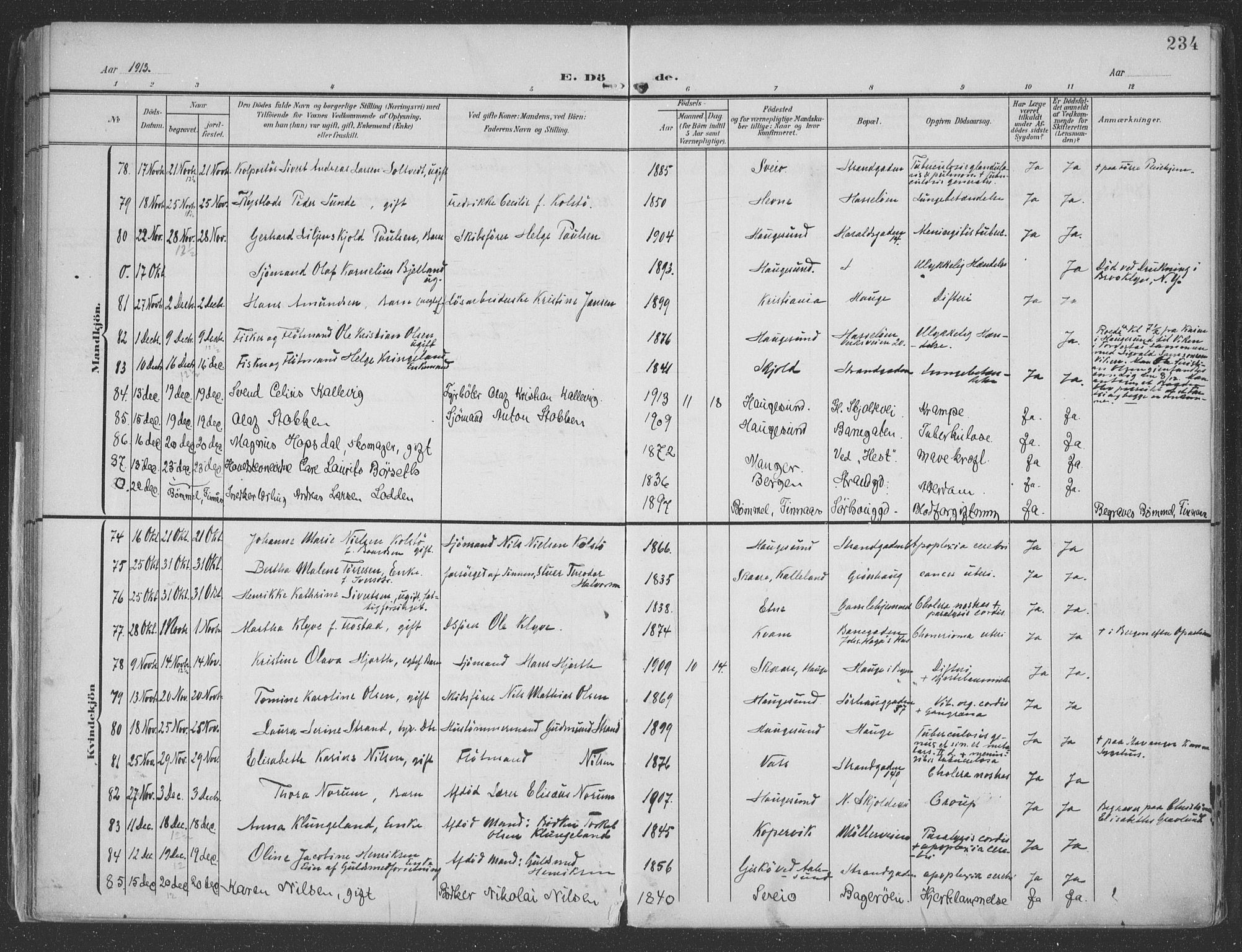 Haugesund sokneprestkontor, AV/SAST-A -101863/H/Ha/Haa/L0007: Ministerialbok nr. A 7, 1904-1916, s. 234