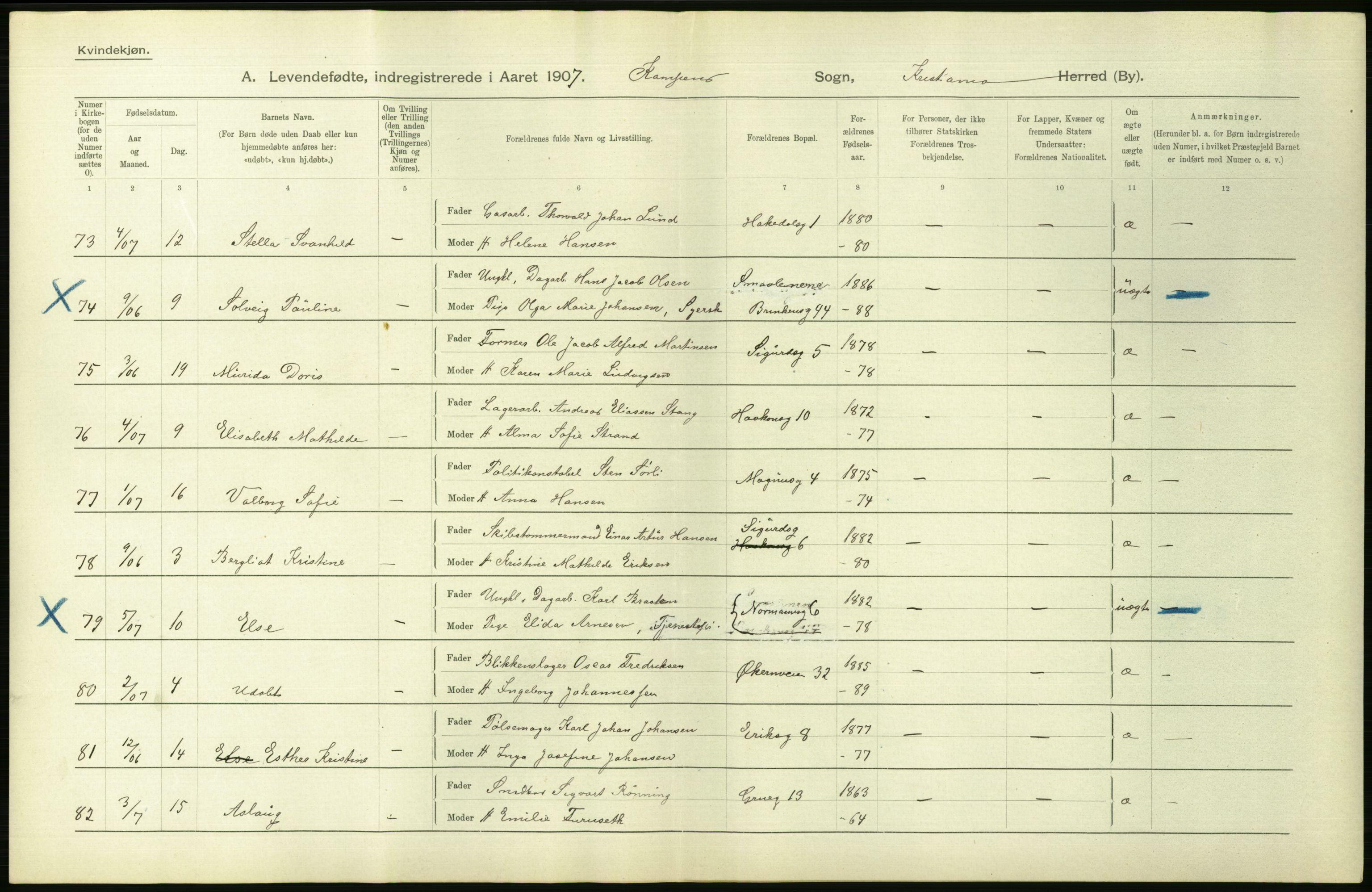 Statistisk sentralbyrå, Sosiodemografiske emner, Befolkning, AV/RA-S-2228/D/Df/Dfa/Dfae/L0007: Kristiania: Levendefødte menn og kvinner., 1907, s. 522