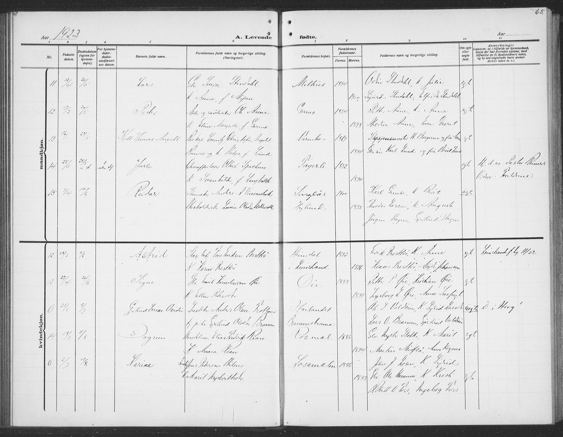 Ministerialprotokoller, klokkerbøker og fødselsregistre - Sør-Trøndelag, SAT/A-1456/691/L1095: Klokkerbok nr. 691C06, 1912-1933, s. 65