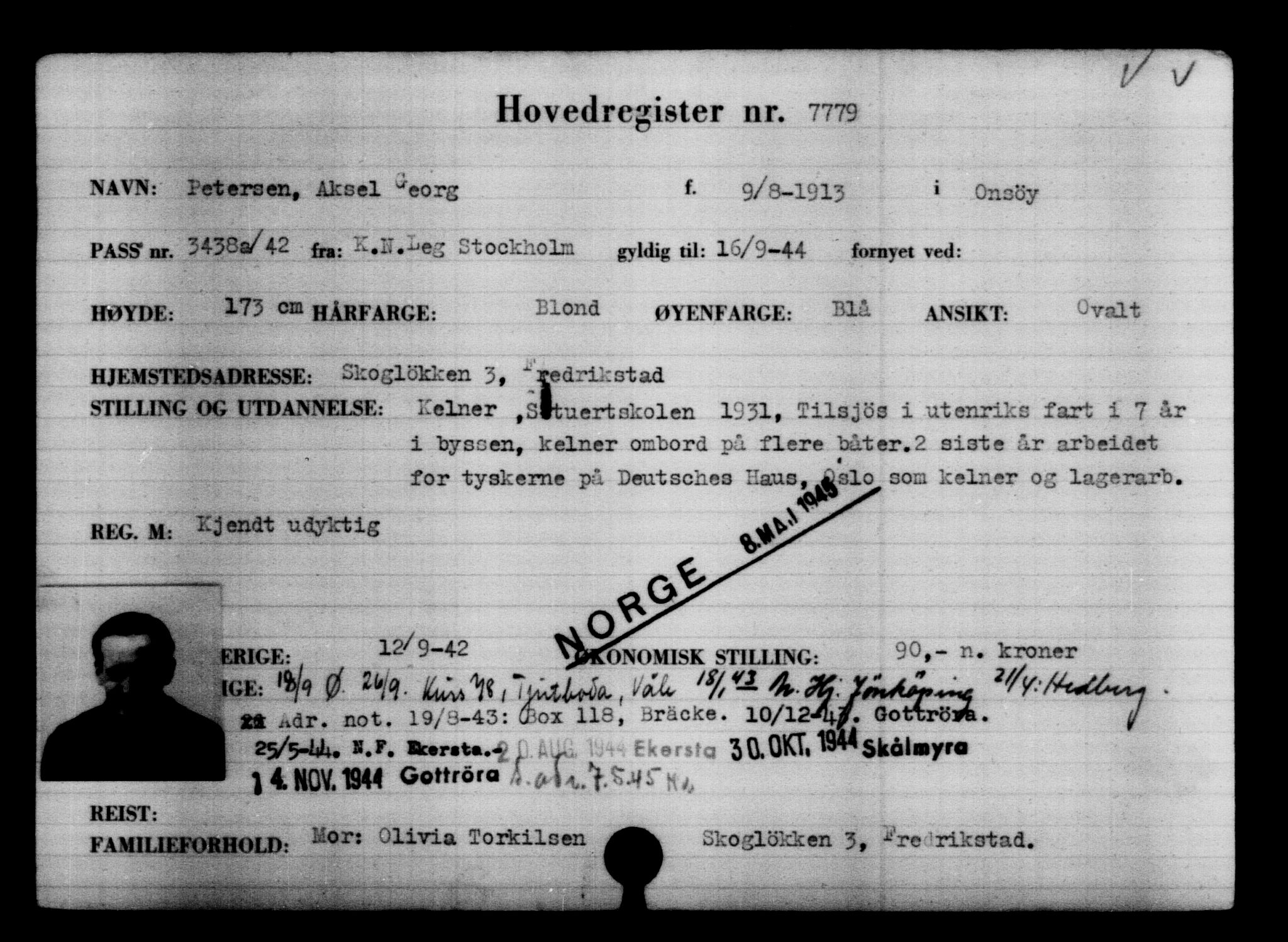 Utenriksstasjonene, Legasjonen i Stockholm, Flyktningkontoret, AV/RA-S-6753/V/Va/L0005: Kjesäterkartoteket, flyktninger med registreringsnr. 6600-9417, 1940-1945, s. 1379