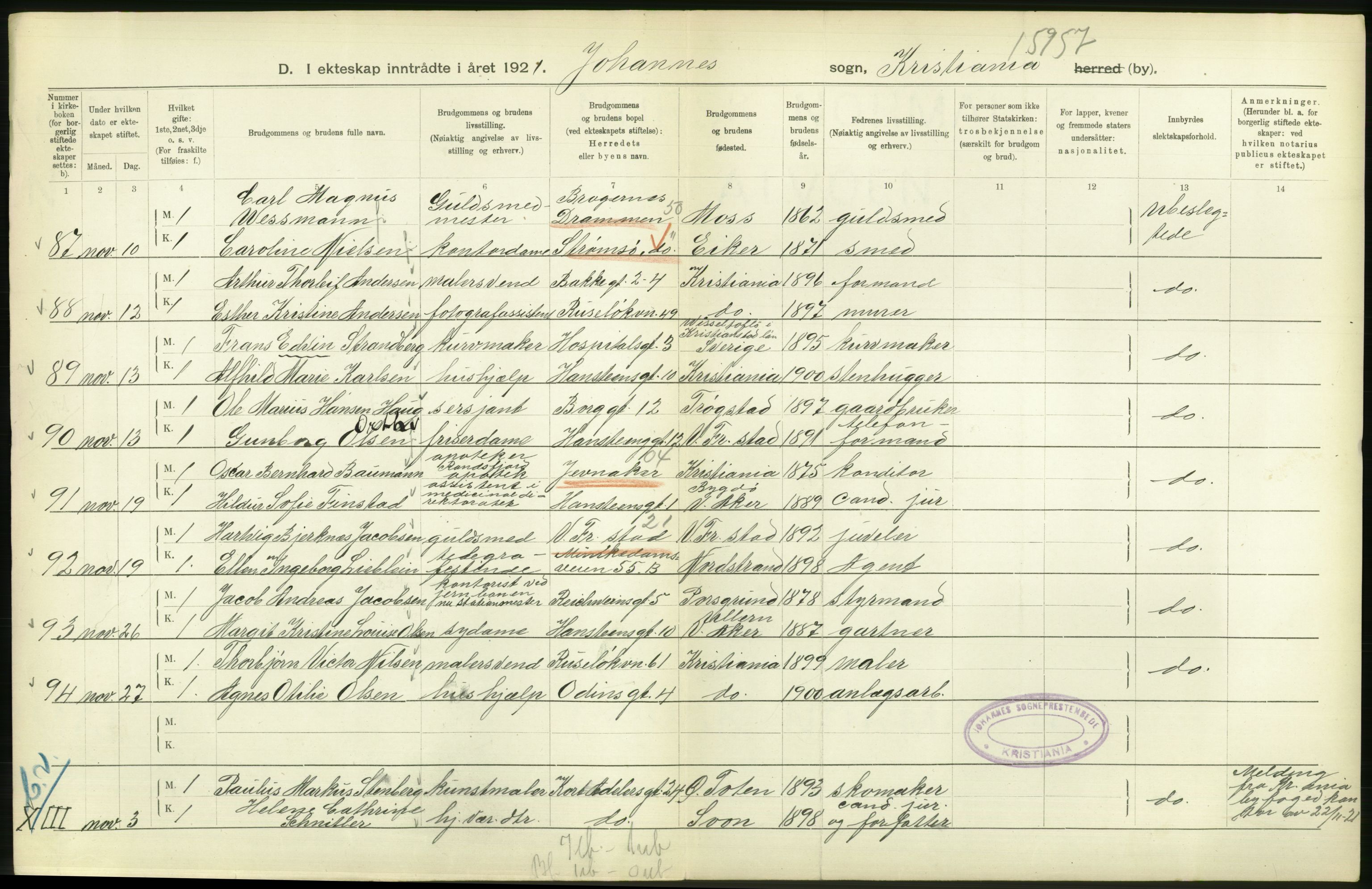 Statistisk sentralbyrå, Sosiodemografiske emner, Befolkning, AV/RA-S-2228/D/Df/Dfc/Dfca/L0011: Kristiania: Gifte, 1921, s. 100