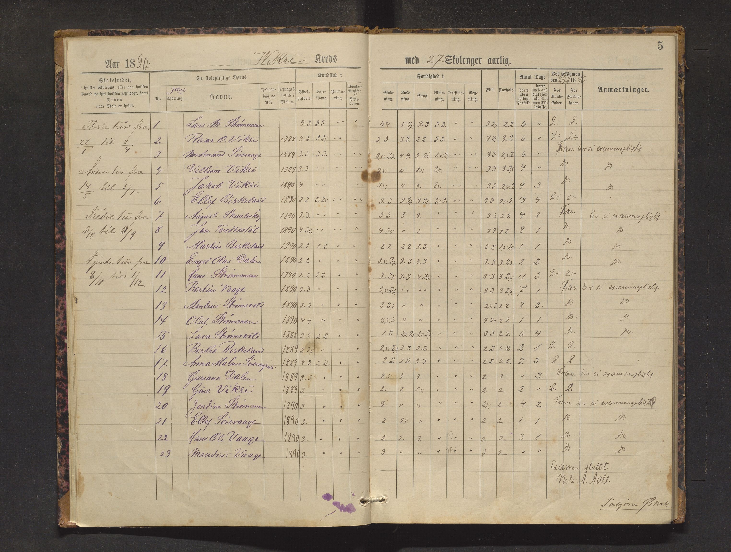Sveio kommune. Barneskulane, IKAH/1216-231/F/Fa/L0004: Skuleprotokoll for Vikse og Eilerås krinsar, 1890-1897, s. 5