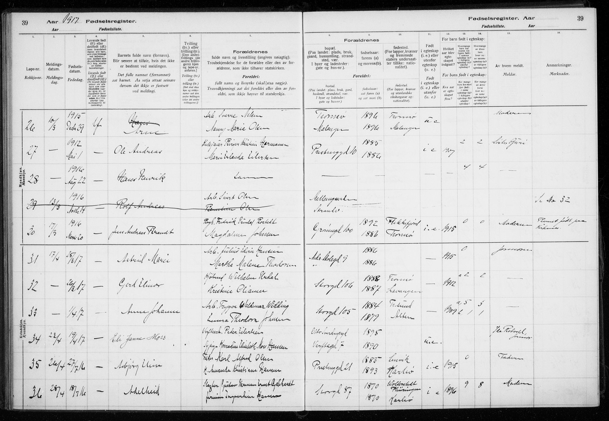 Tromsø sokneprestkontor/stiftsprosti/domprosti, AV/SATØ-S-1343/H/Ha/L0131: Fødselsregister nr. 131, 1916-1921, s. 39