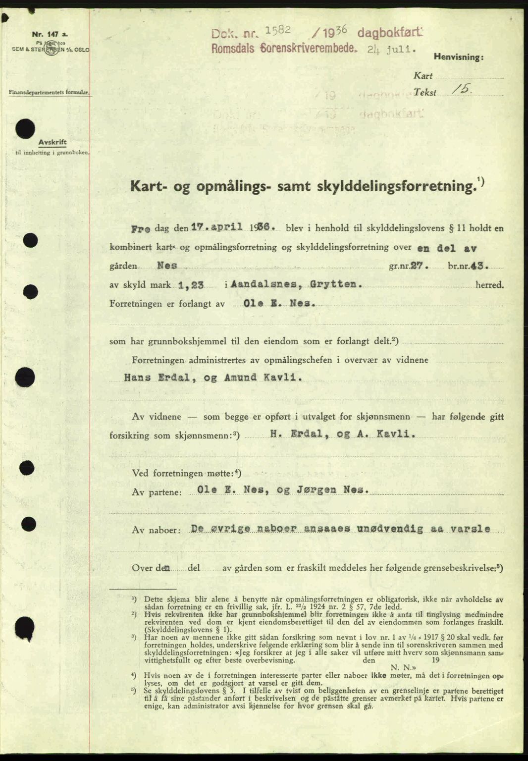 Romsdal sorenskriveri, SAT/A-4149/1/2/2C: Pantebok nr. A1, 1936-1936, Dagboknr: 1582/1936