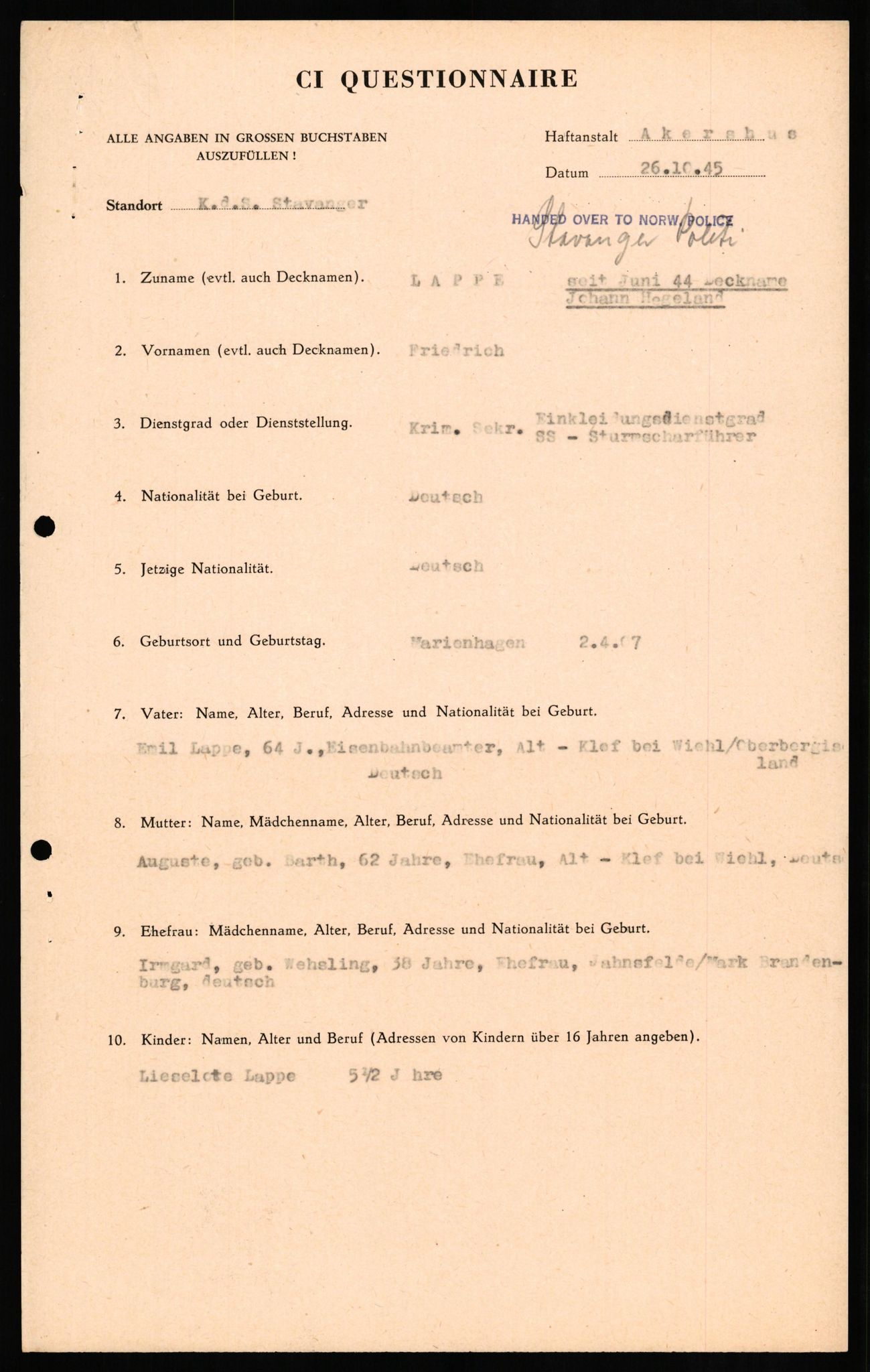 Forsvaret, Forsvarets overkommando II, AV/RA-RAFA-3915/D/Db/L0019: CI Questionaires. Tyske okkupasjonsstyrker i Norge. Tyskere., 1945-1946, s. 433
