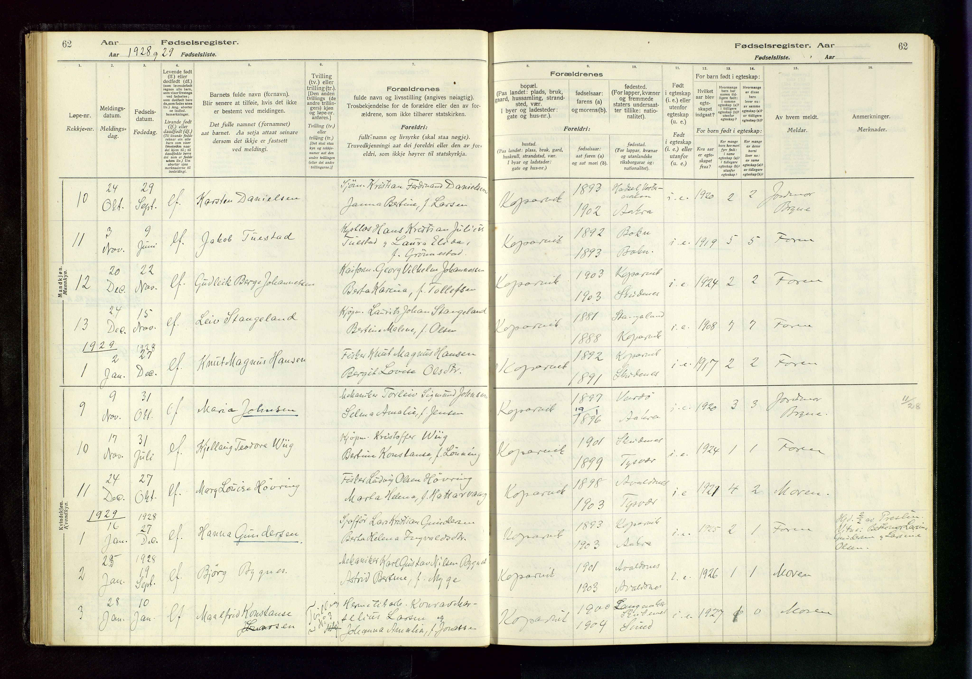 Kopervik sokneprestkontor, SAST/A-101850/I/Id/L0001: Fødselsregister nr. 1, 1916-1952, s. 62