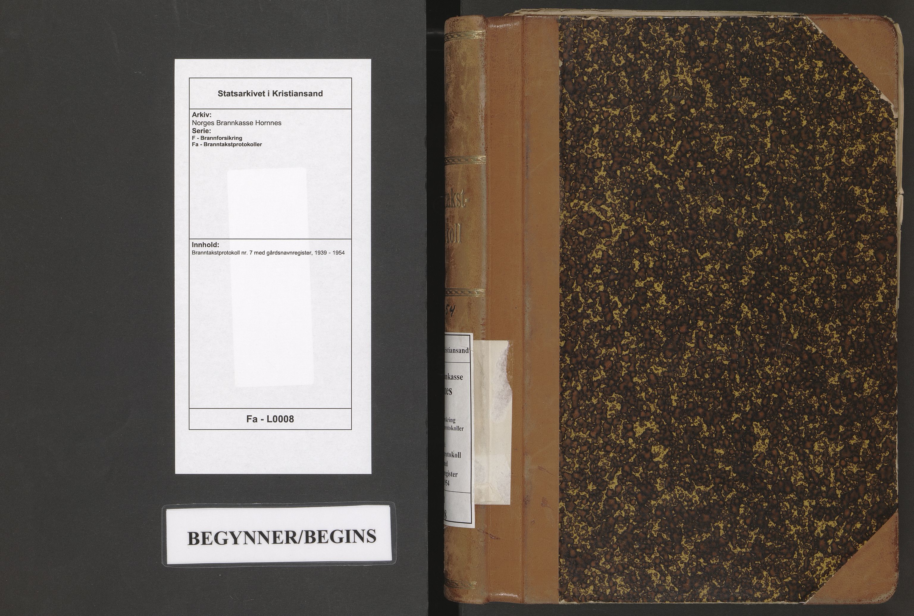 Norges Brannkasse Hornnes, AV/SAK-2241-0026/F/Fa/L0008: Branntakstprotokoll nr. 7 med gårdsnavnregister, 1939-1954