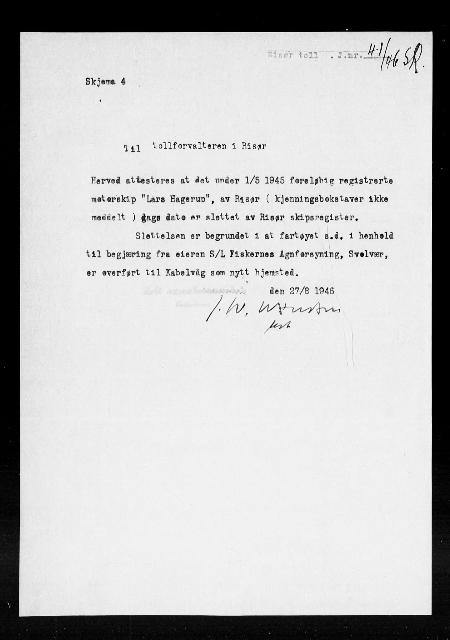 Risør tollsted, SAK/1351-0010/H/Ha/L0320: Skipsregisteret. Journalsaker, 1861-1957, s. 446