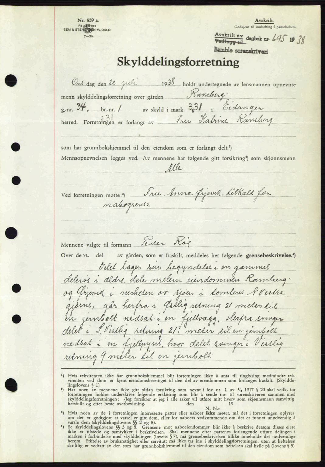 Bamble sorenskriveri, AV/SAKO-A-214/G/Ga/Gag/L0002: Pantebok nr. A-2, 1937-1938, Dagboknr: 695/1938
