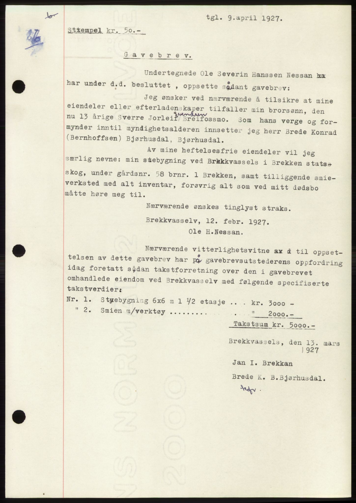 Namdal sorenskriveri, SAT/A-4133/1/2/2C: Pantebok nr. -, 1926-1930, Tingl.dato: 09.04.1927