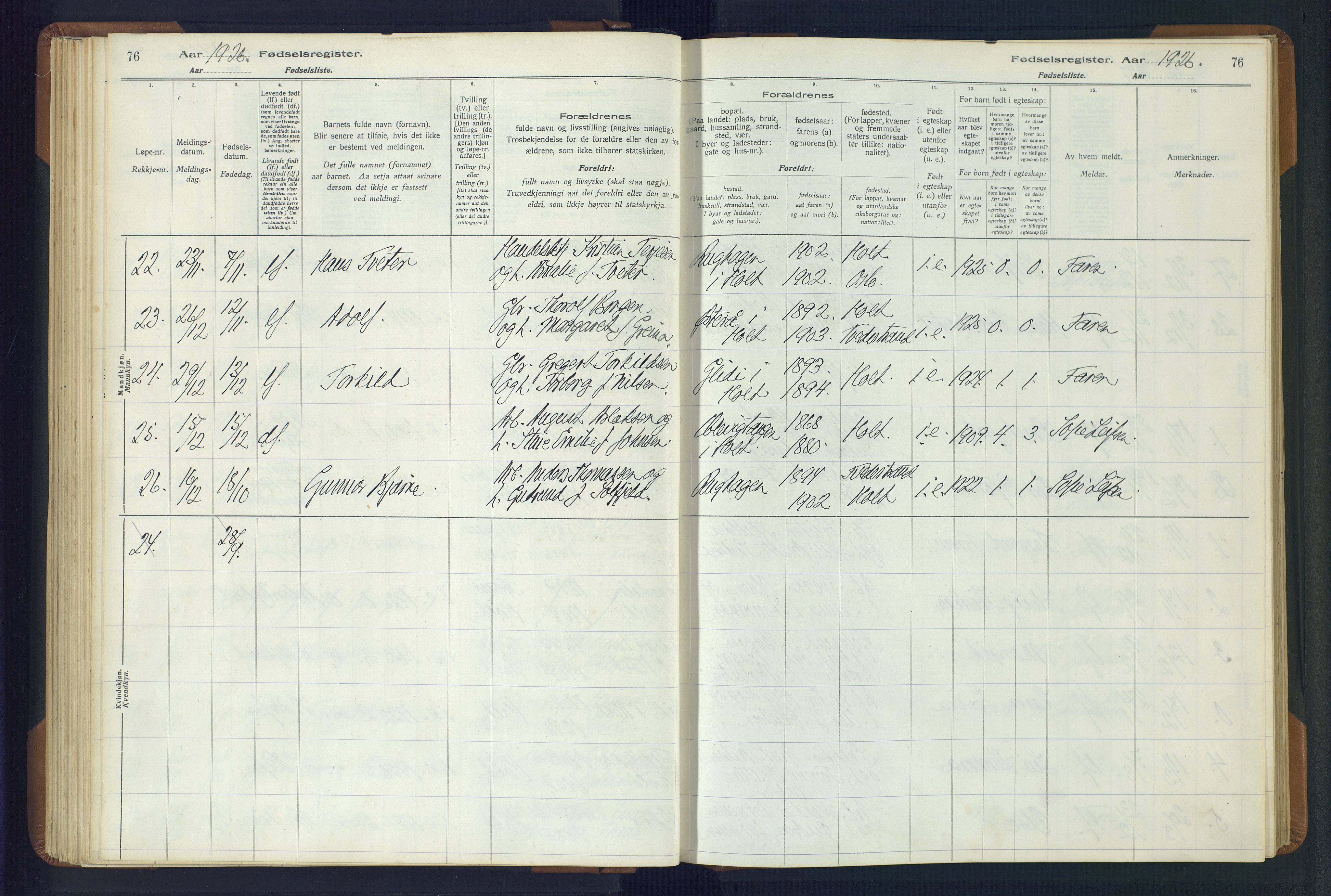 Holt sokneprestkontor, AV/SAK-1111-0021/J/Ja/L0001: Fødselsregister nr. II.4.1, 1916-1946, s. 76