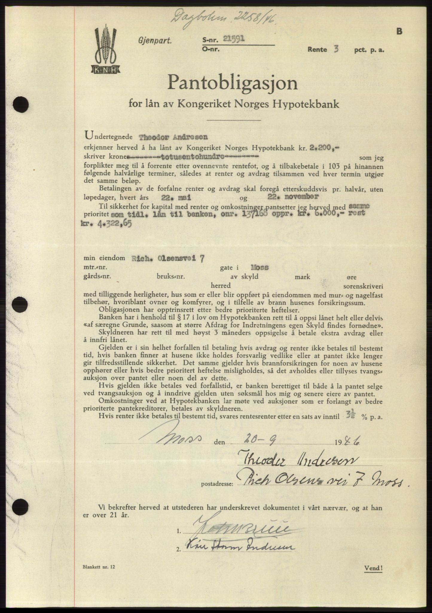 Moss sorenskriveri, SAO/A-10168: Pantebok nr. B16, 1946-1947, Dagboknr: 2258/1946