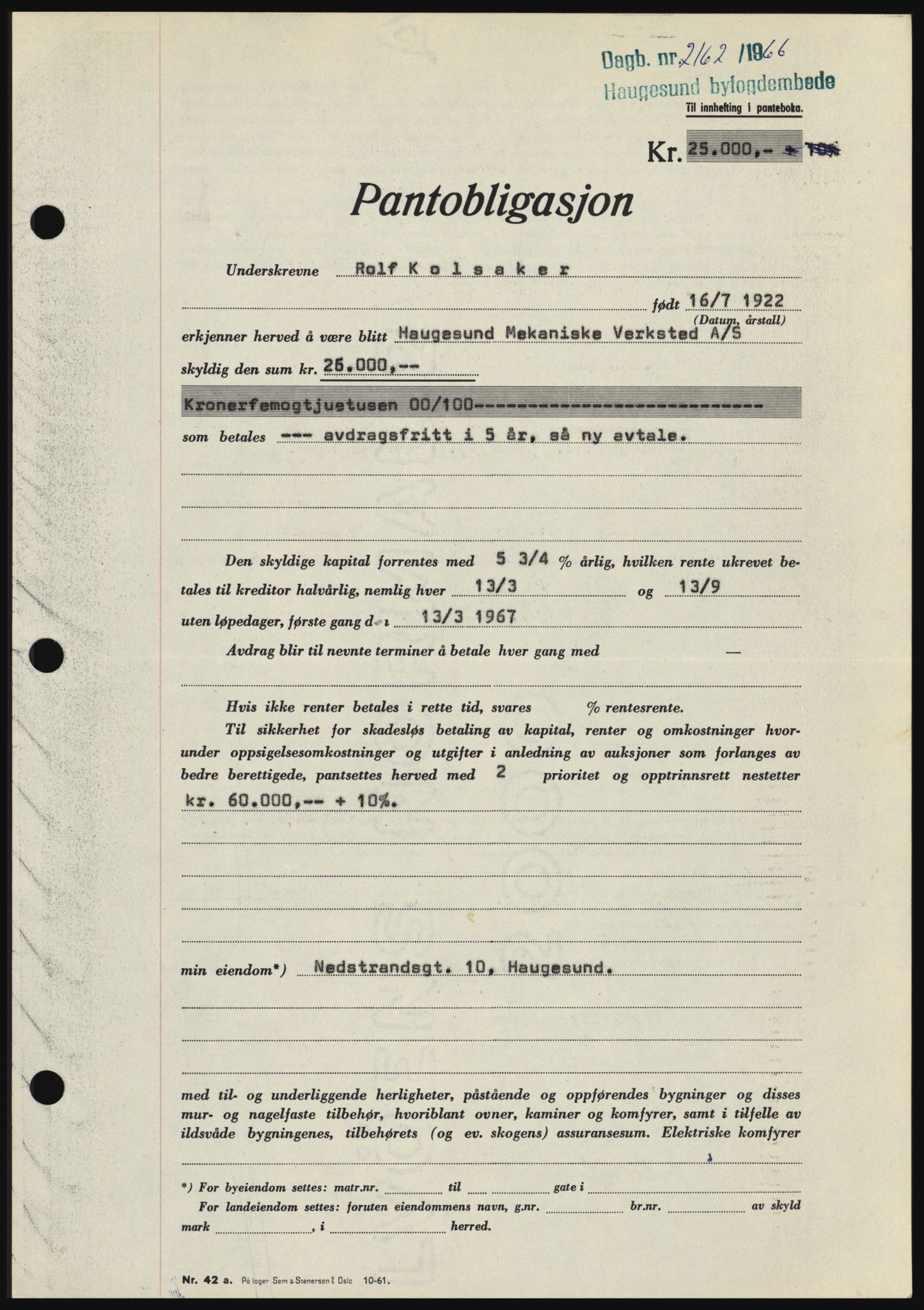 Haugesund tingrett, SAST/A-101415/01/II/IIC/L0055: Pantebok nr. B 55, 1966-1966, Dagboknr: 2162/1966