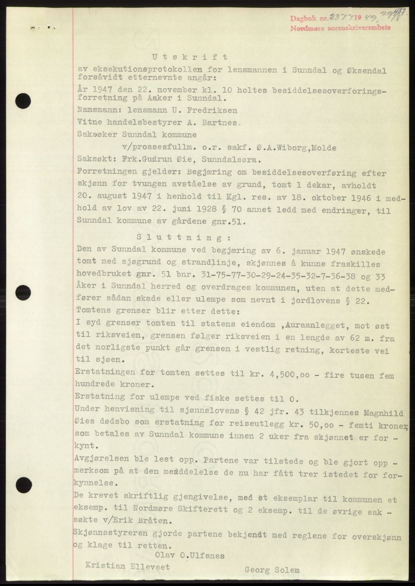 Nordmøre sorenskriveri, SAT/A-4132/1/2/2Ca: Pantebok nr. B102, 1949-1949, Dagboknr: 2377/1949