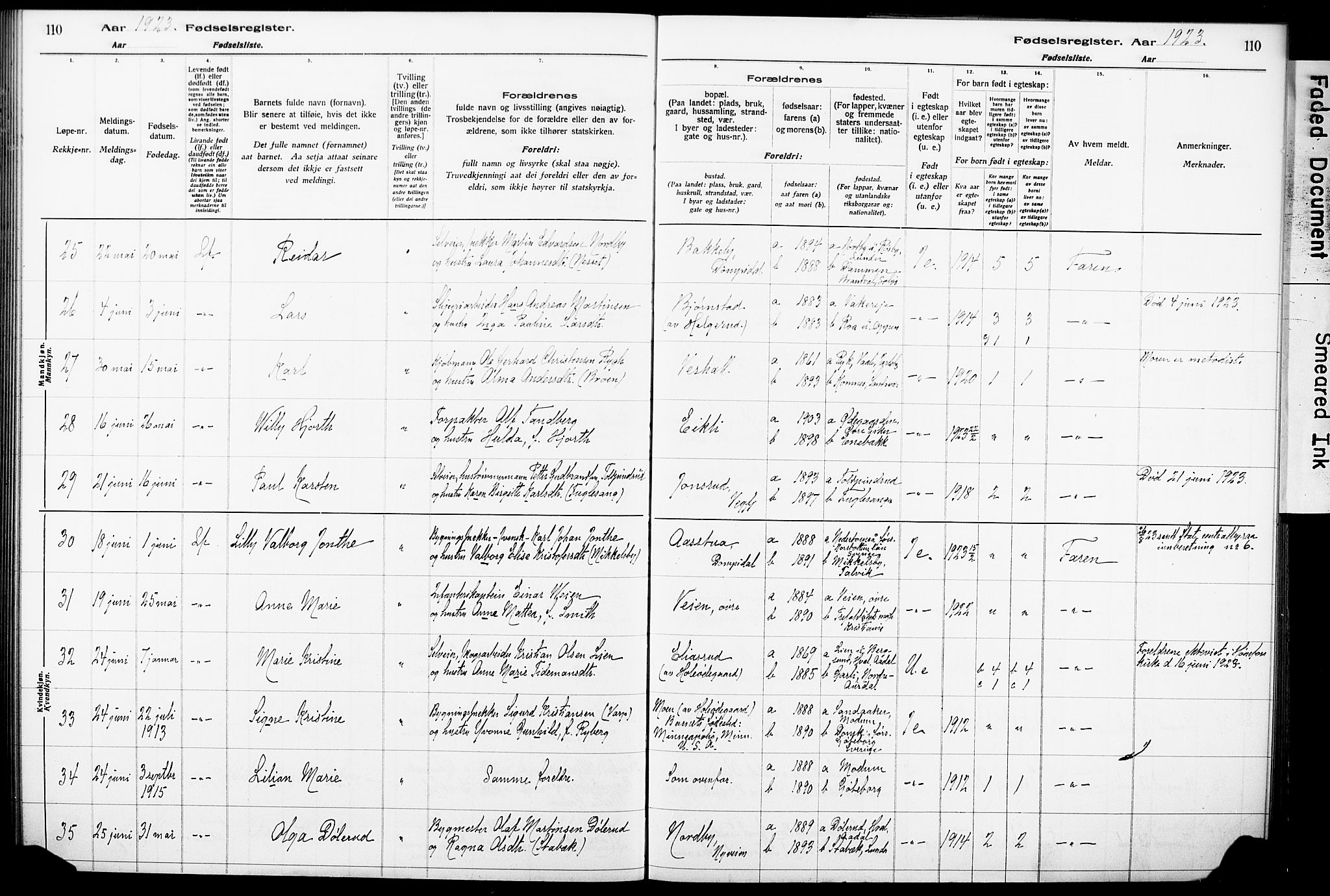 Norderhov kirkebøker, AV/SAKO-A-237/J/Ja/L0001: Fødselsregister nr. 1, 1916-1930, s. 110