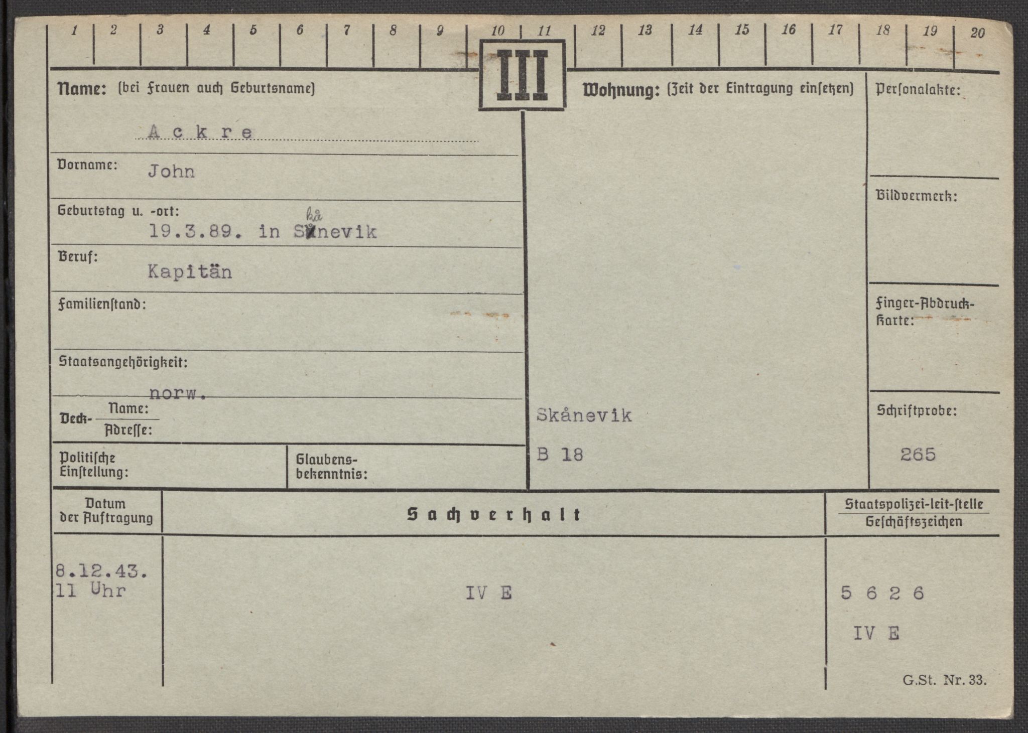Befehlshaber der Sicherheitspolizei und des SD, AV/RA-RAFA-5969/E/Ea/Eaa/L0001: Register over norske fanger i Møllergata 19: A-Bj, 1940-1945, s. 28