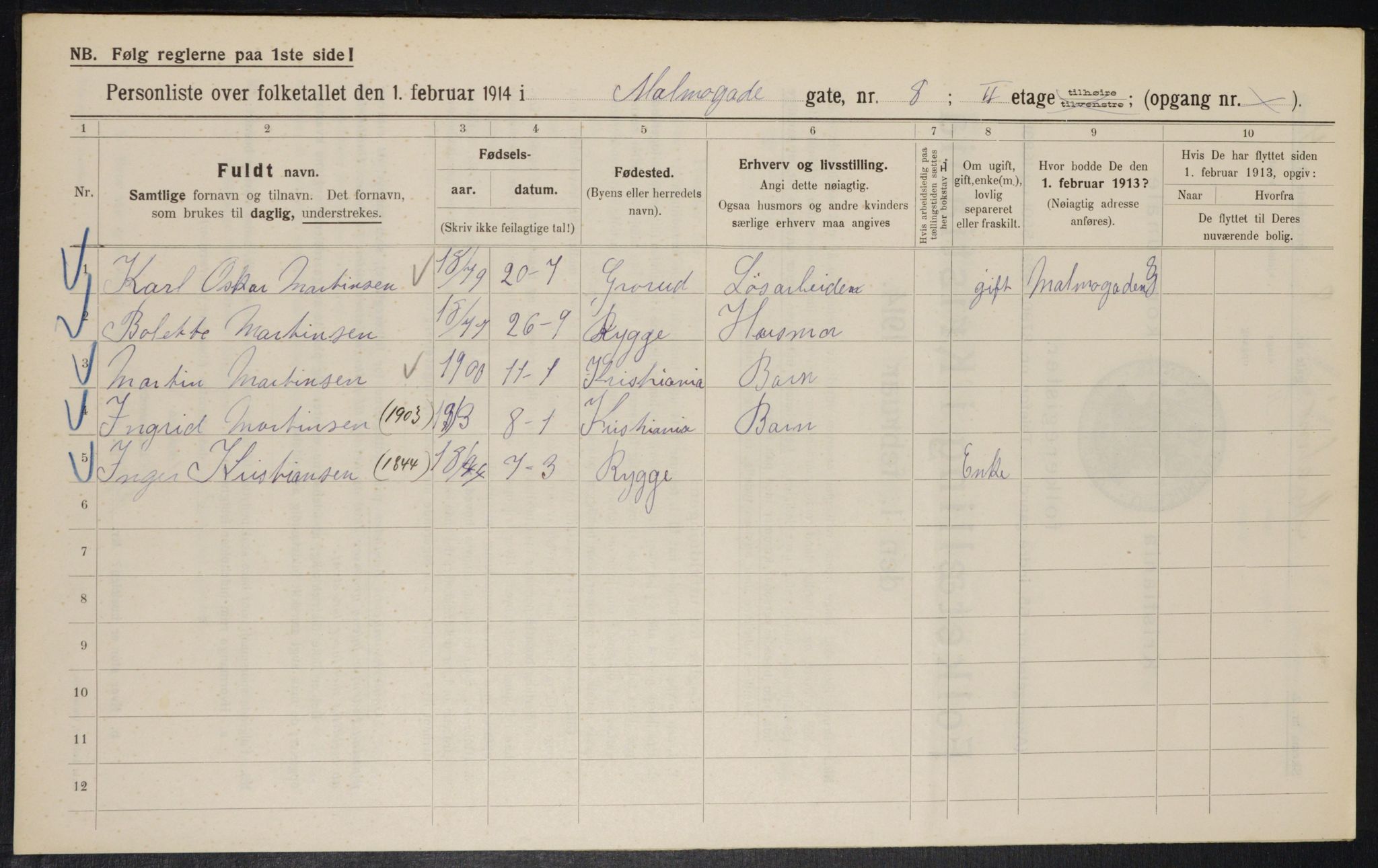 OBA, Kommunal folketelling 1.2.1914 for Kristiania, 1914, s. 59992