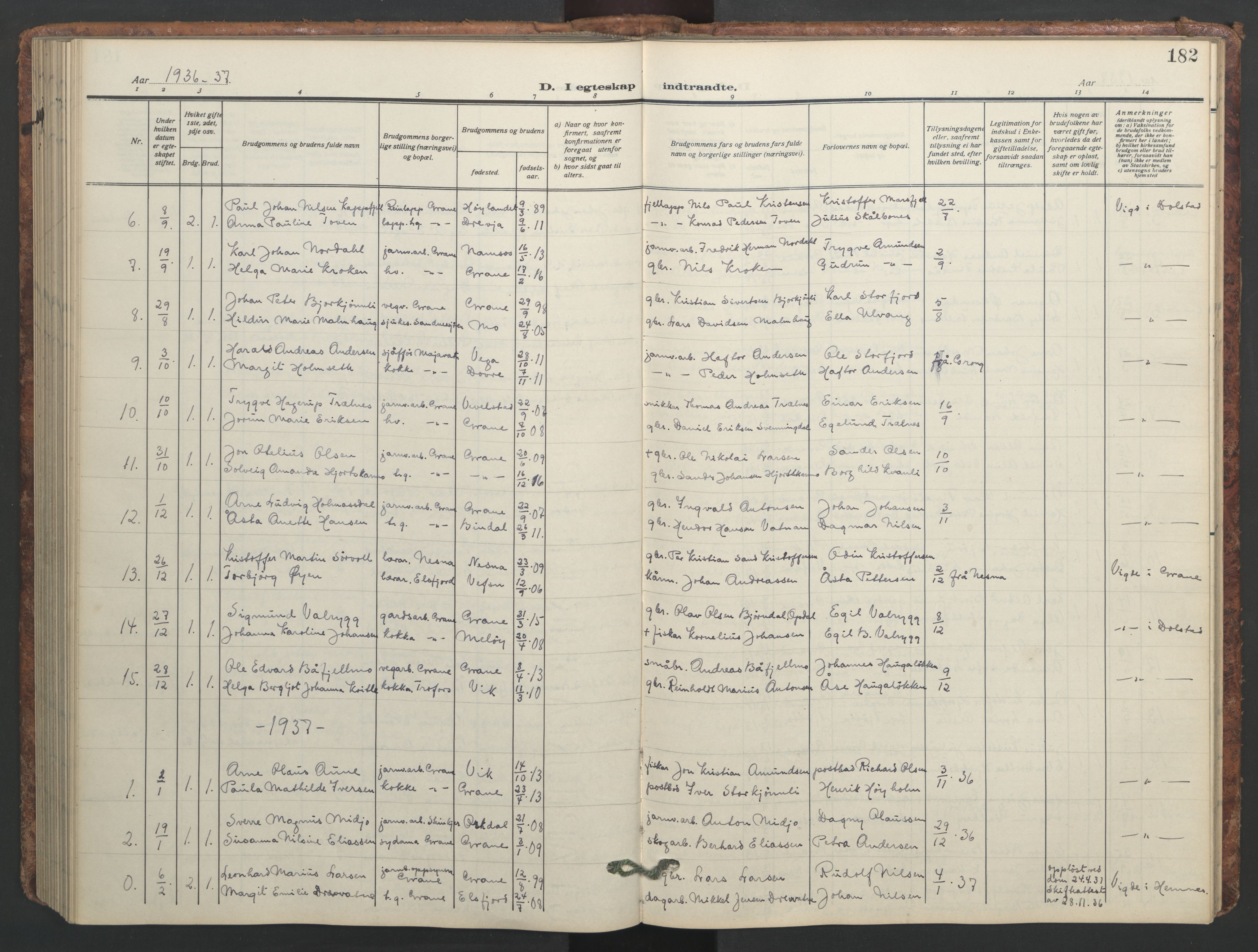 Ministerialprotokoller, klokkerbøker og fødselsregistre - Nordland, SAT/A-1459/824/L0341: Klokkerbok nr. 824C01, 1916-1957, s. 182