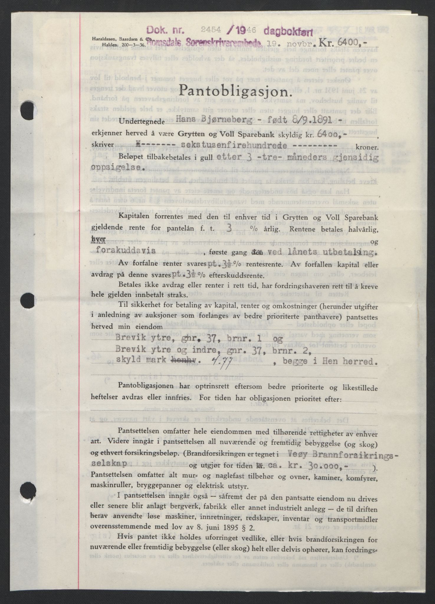 Romsdal sorenskriveri, SAT/A-4149/1/2/2C: Pantebok nr. B3, 1946-1948, Dagboknr: 2454/1946
