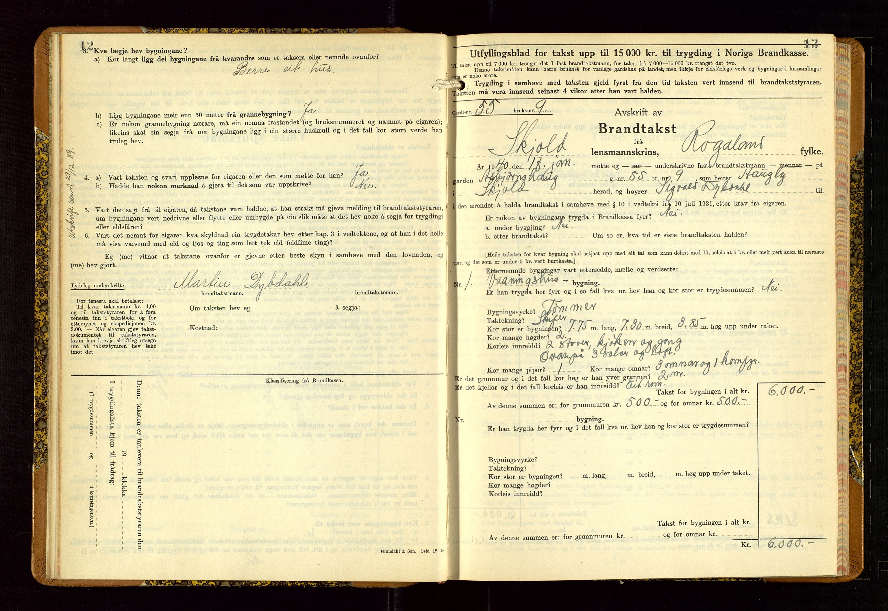 Skjold lensmannskontor, AV/SAST-A-100182/Gob/L0002: "Branntakstbok for Skjold lensmannskrins Rogaland fylke", 1939-1952, s. 12-13