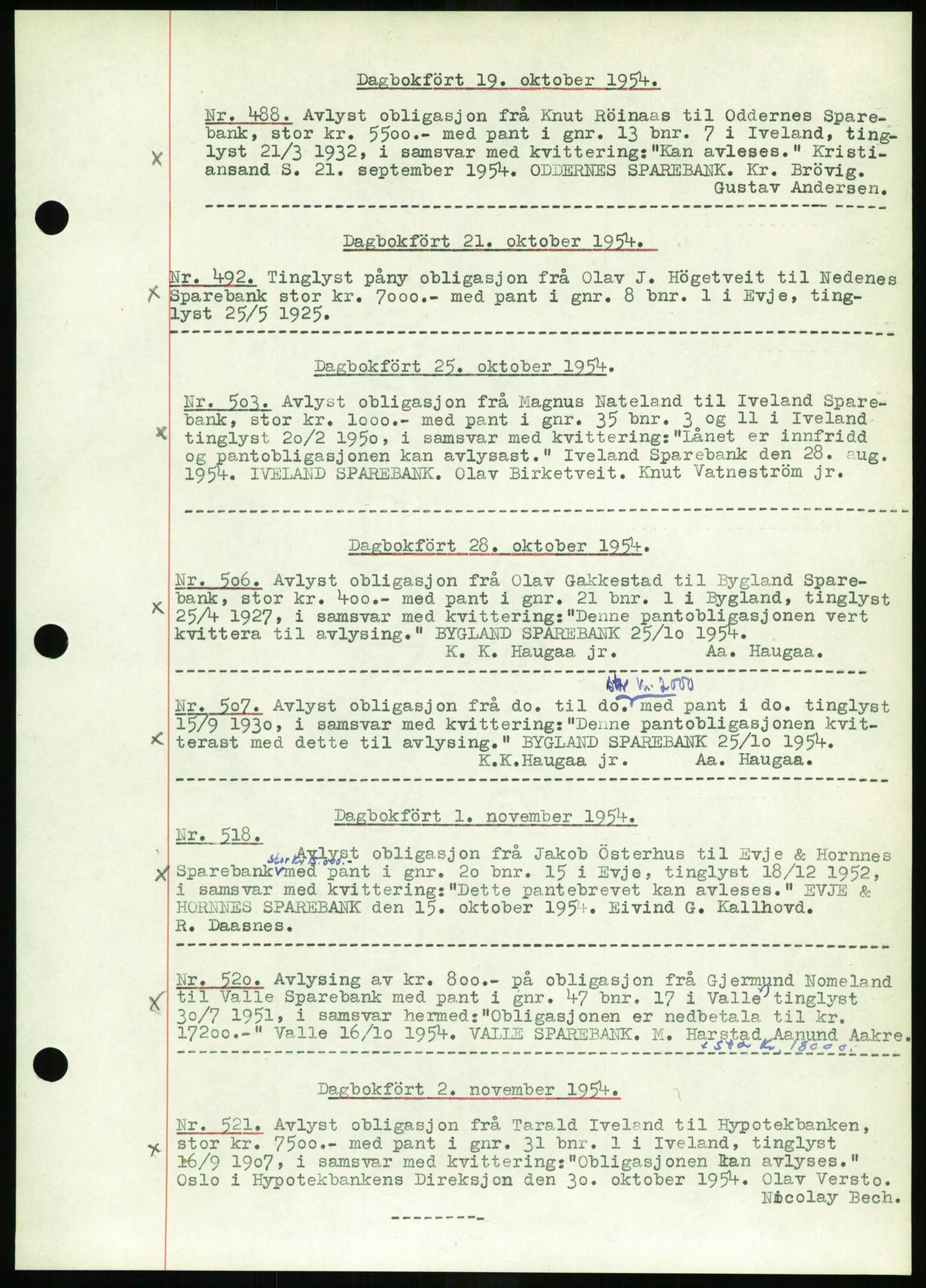 Setesdal sorenskriveri, SAK/1221-0011/G/Gb/L0052: Pantebok nr. B 40, 1954-1955, Dagboknr: 488/1954