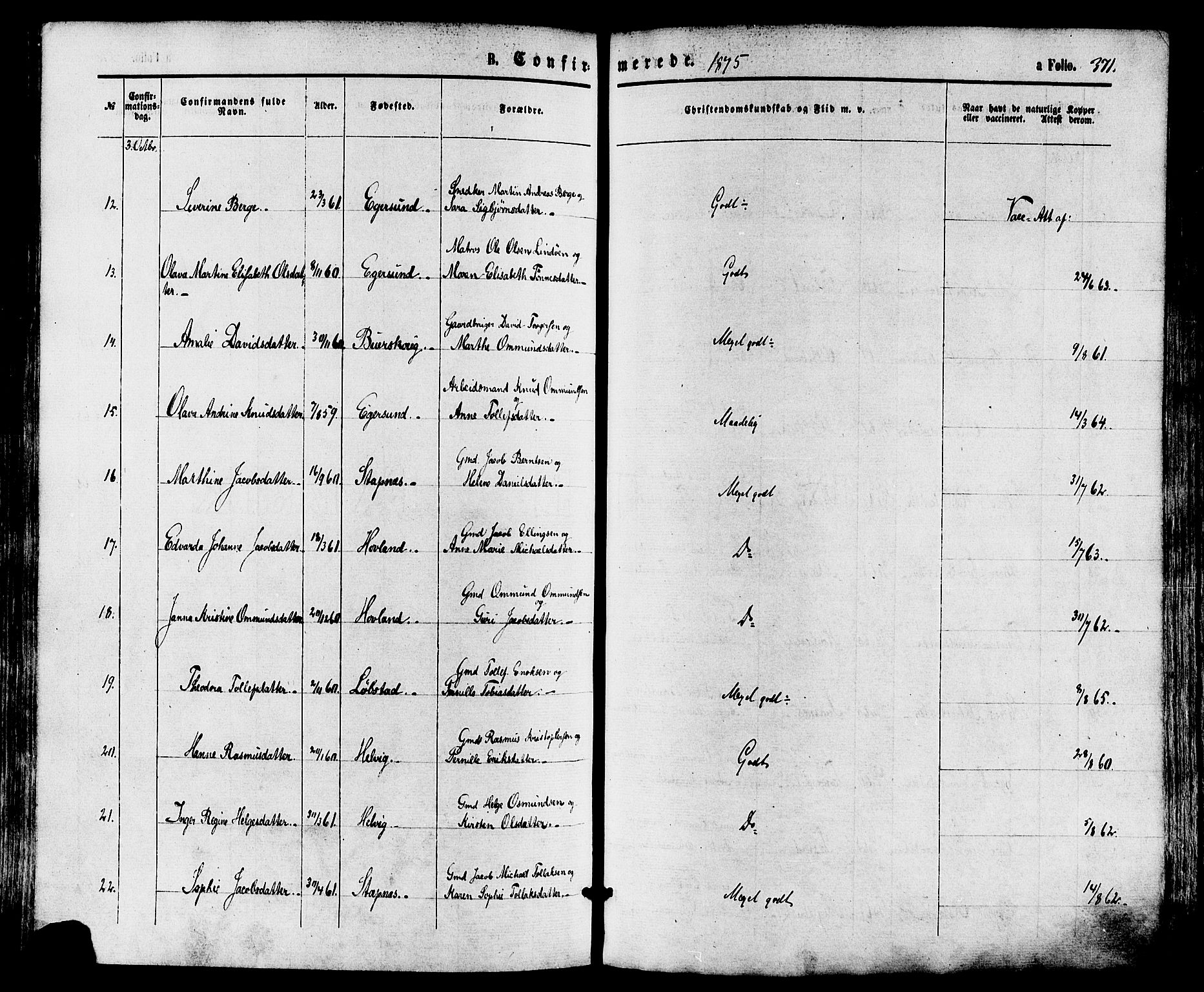 Eigersund sokneprestkontor, SAST/A-101807/S08/L0014: Ministerialbok nr. A 13, 1866-1878, s. 371