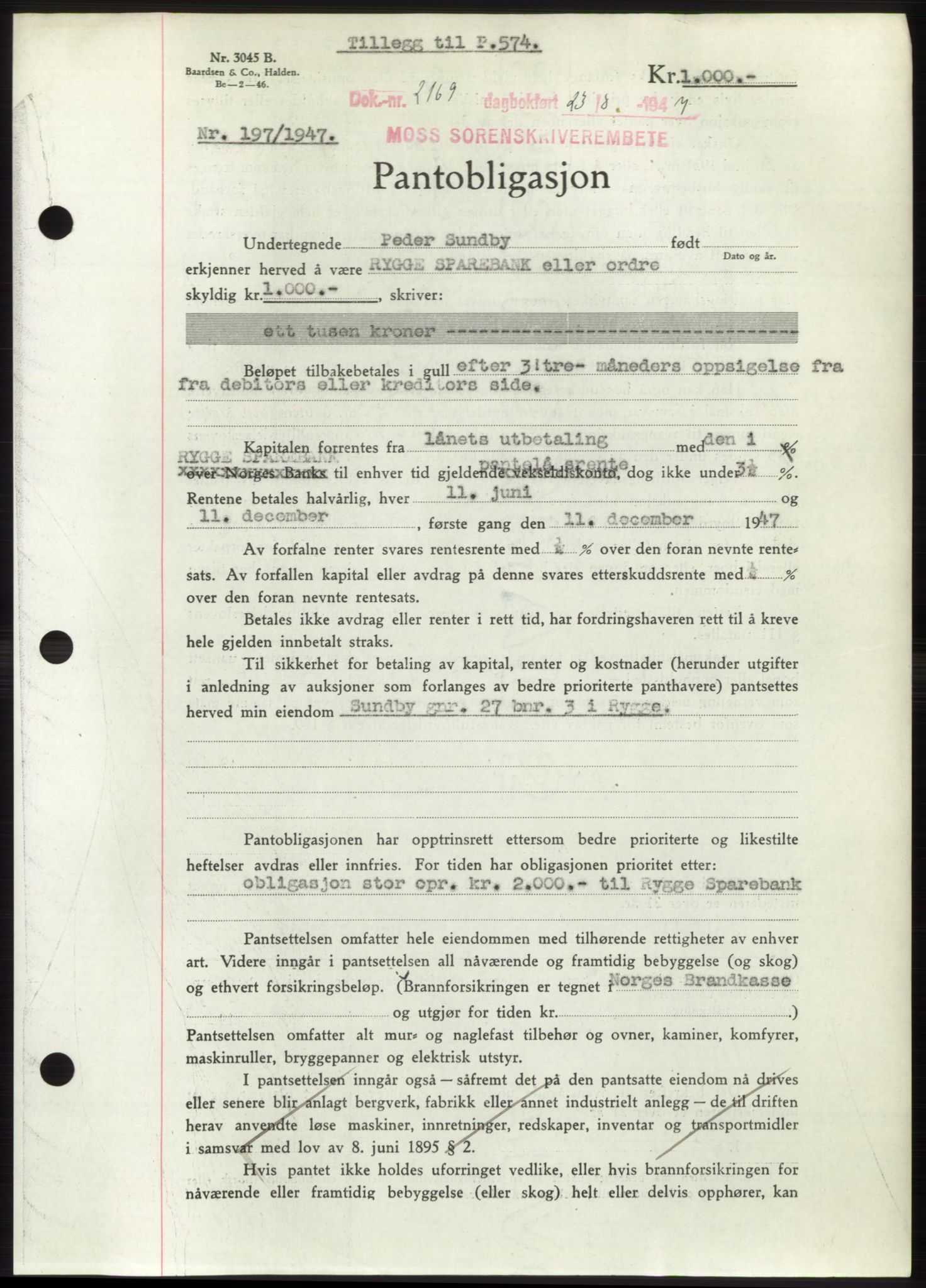 Moss sorenskriveri, SAO/A-10168: Pantebok nr. B17, 1947-1947, Dagboknr: 2169/1947