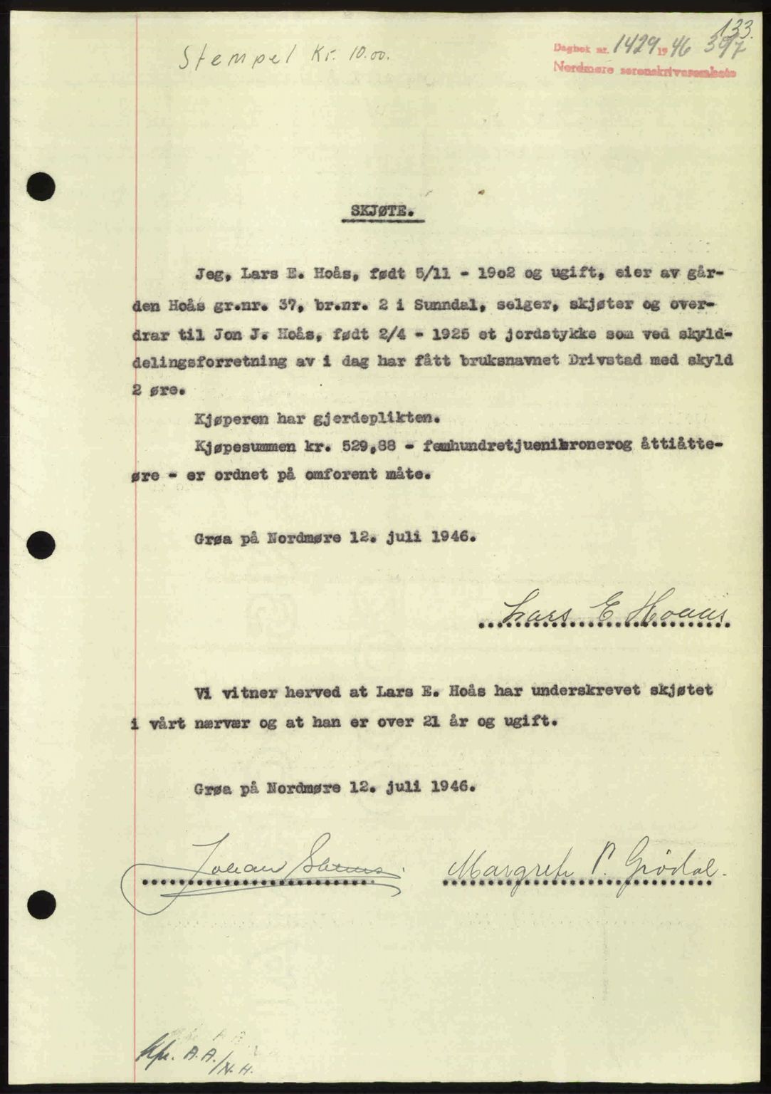 Nordmøre sorenskriveri, SAT/A-4132/1/2/2Ca: Pantebok nr. A102, 1946-1946, Dagboknr: 1429/1946