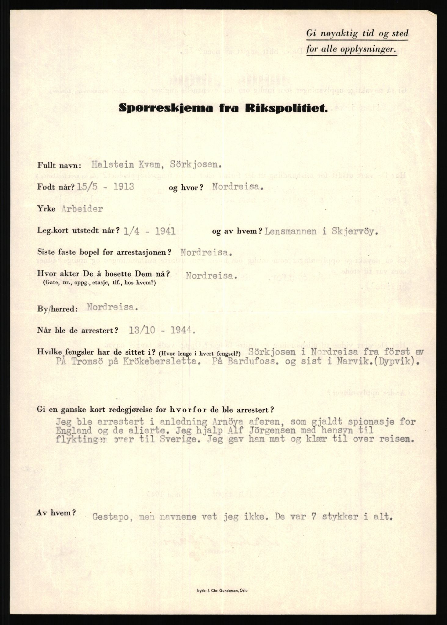 Rikspolitisjefen, AV/RA-S-1560/L/L0010: Kristianslund, Charles Ragnvald - Losvik, Einar, 1940-1945, s. 157