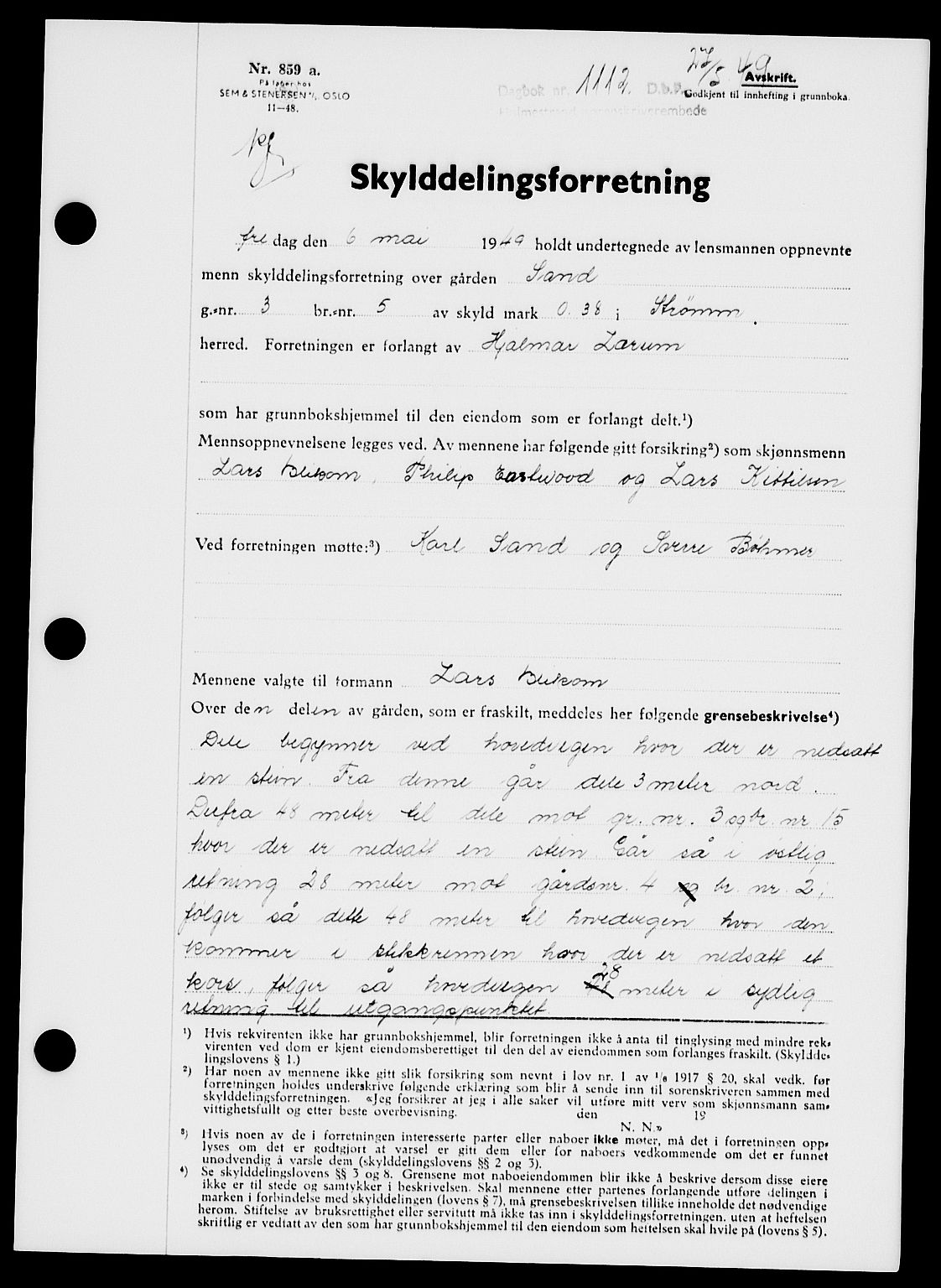 Holmestrand sorenskriveri, SAKO/A-67/G/Ga/Gaa/L0066: Pantebok nr. A-66, 1949-1949, Dagboknr: 1112/1949