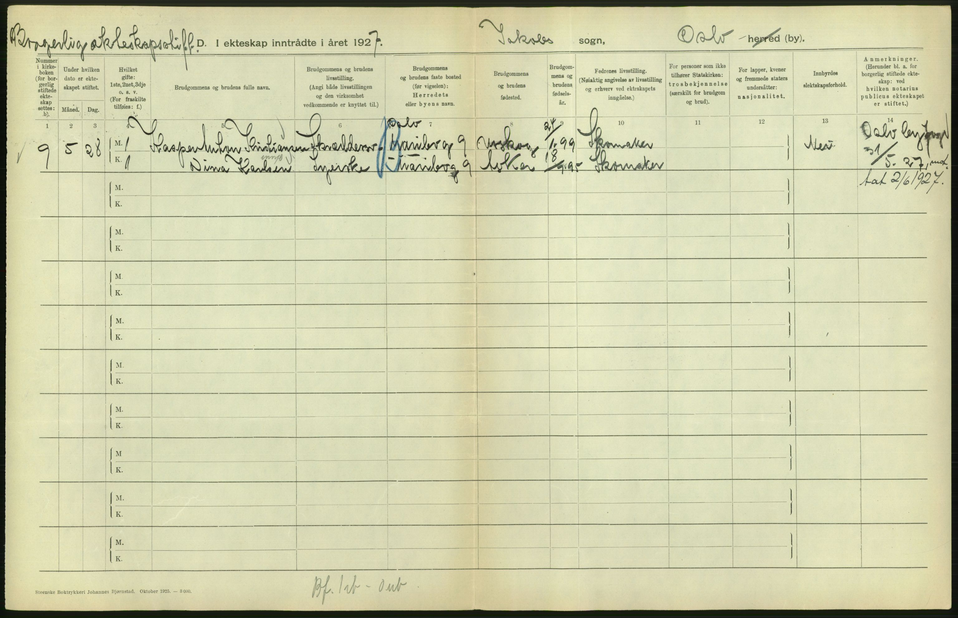 Statistisk sentralbyrå, Sosiodemografiske emner, Befolkning, AV/RA-S-2228/D/Df/Dfc/Dfcg/L0008: Oslo: Gifte, 1927, s. 432