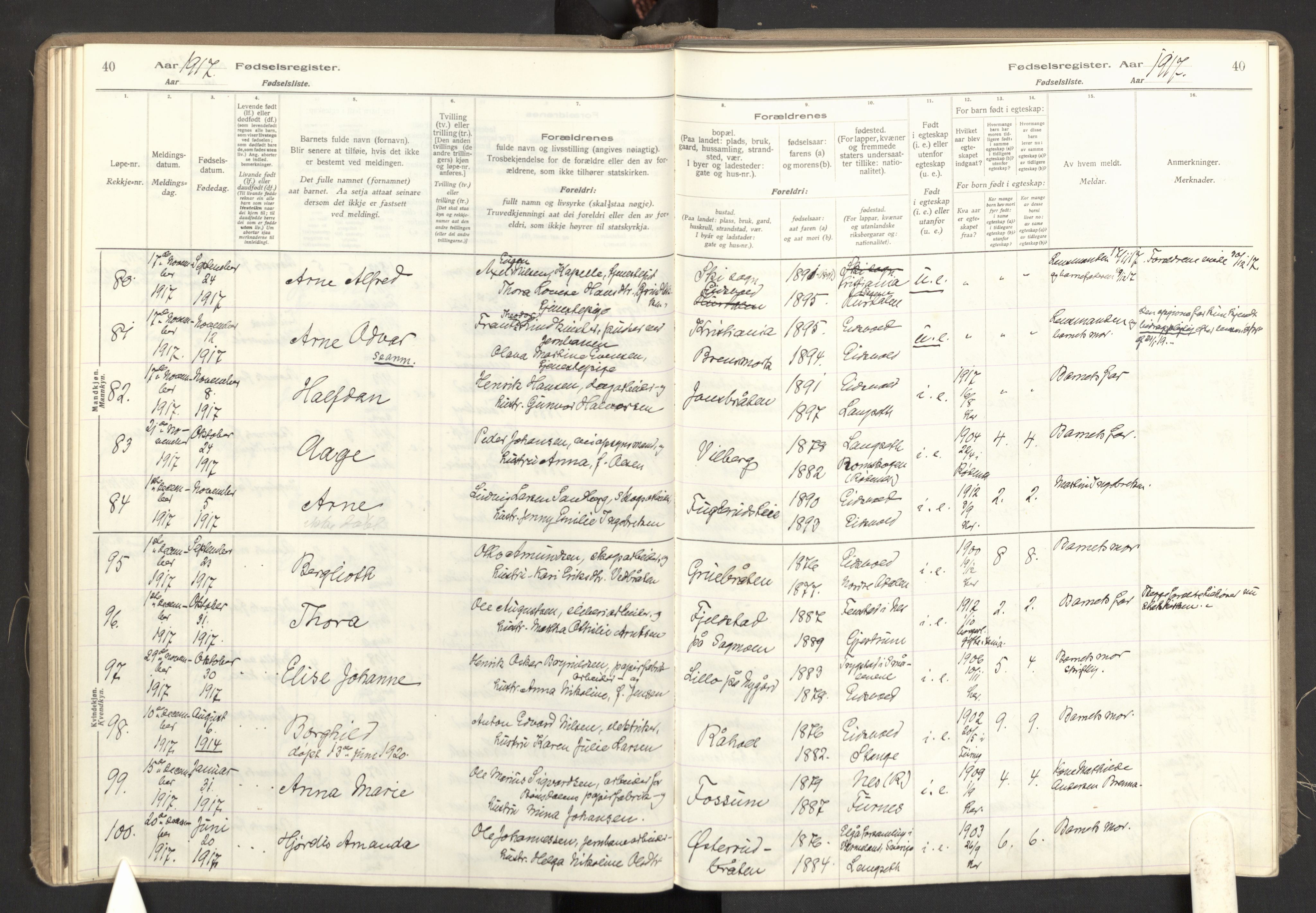 Eidsvoll prestekontor Kirkebøker, AV/SAO-A-10888/J/Ja/L0001: Fødselsregister nr. I 1, 1916-1924, s. 40