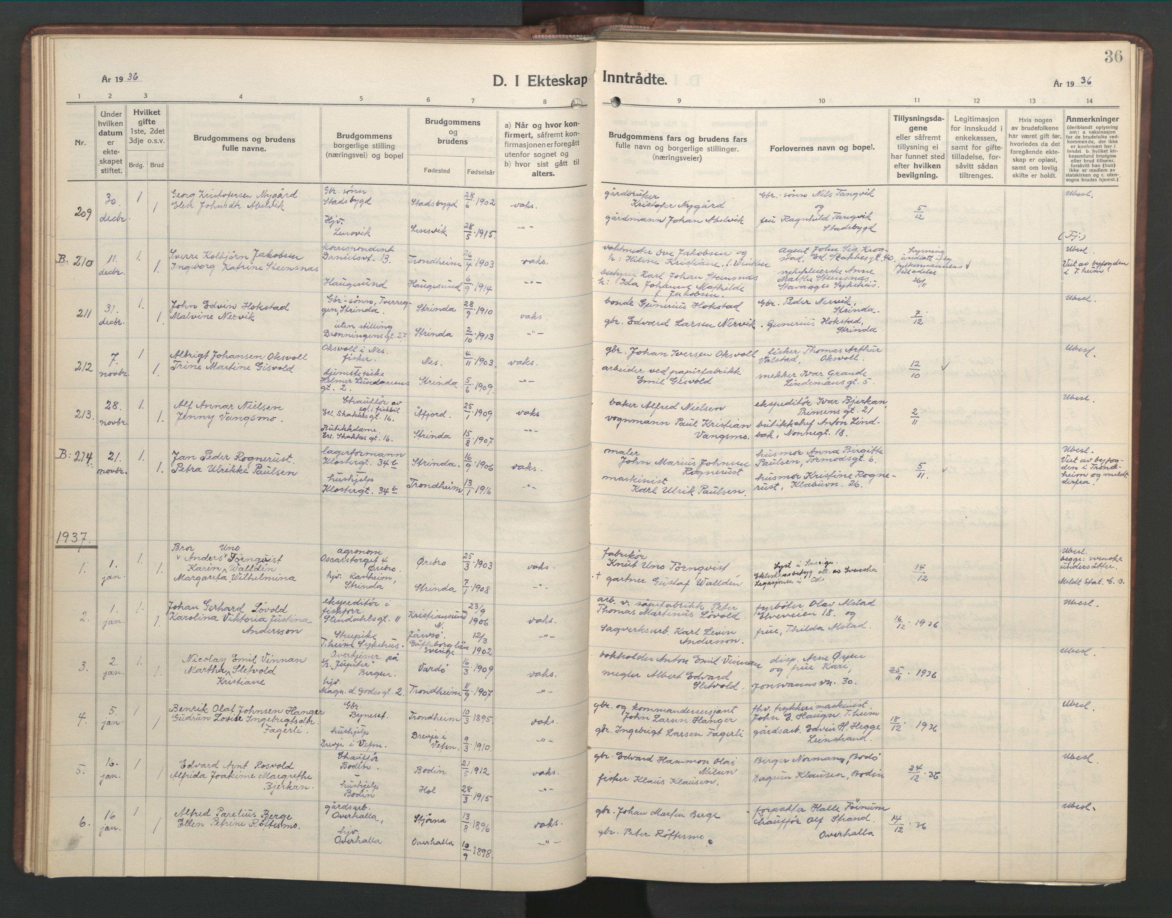 Ministerialprotokoller, klokkerbøker og fødselsregistre - Sør-Trøndelag, SAT/A-1456/601/L0101: Klokkerbok nr. 601C19, 1935-1946, s. 36