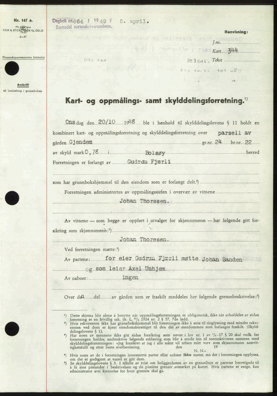 Romsdal sorenskriveri, SAT/A-4149/1/2/2C: Pantebok nr. A29, 1949-1949, Dagboknr: 964/1949