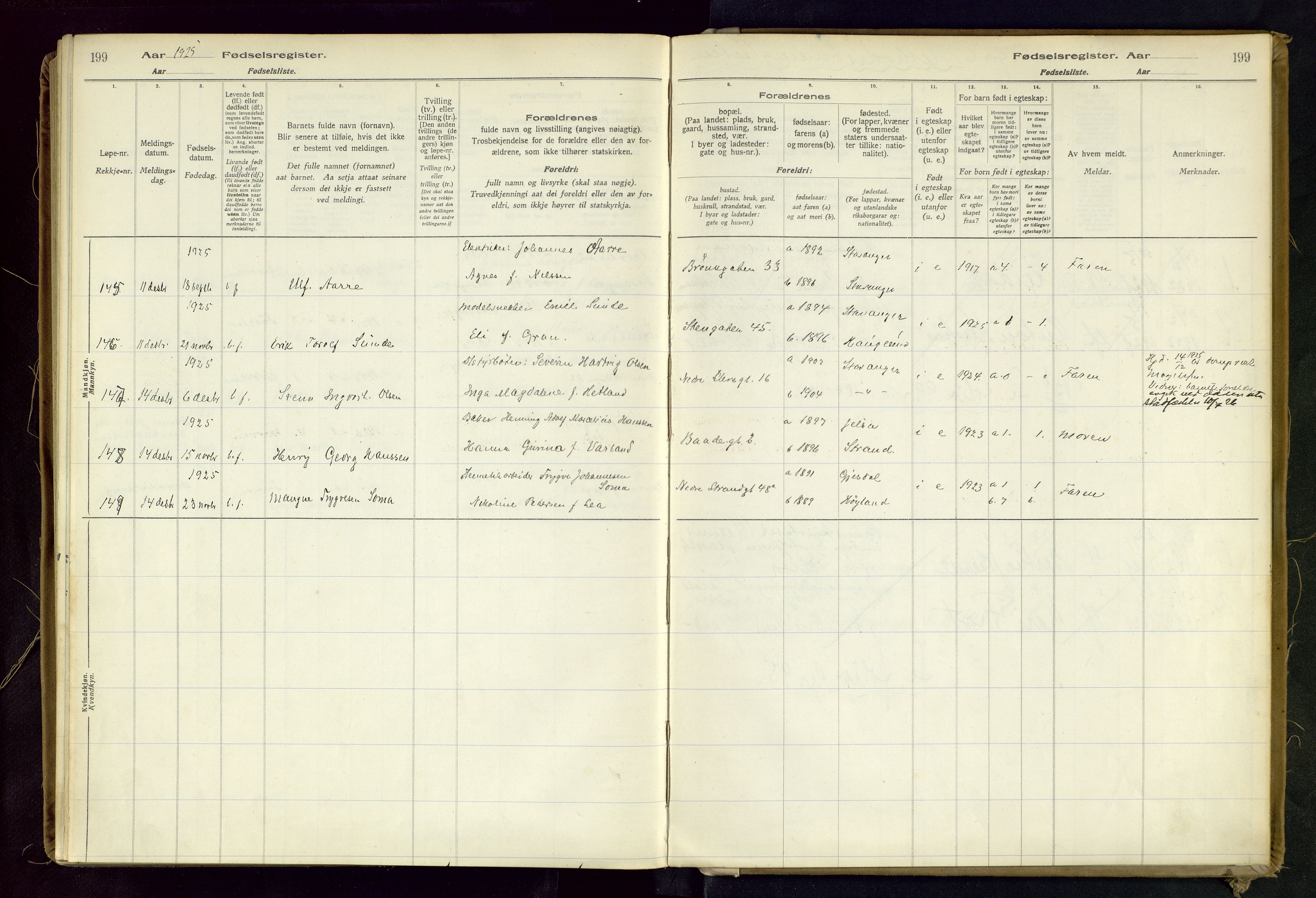 Domkirken sokneprestkontor, AV/SAST-A-101812/002/B/L0002: Fødselsregister nr. 2, 1920-1925, s. 199