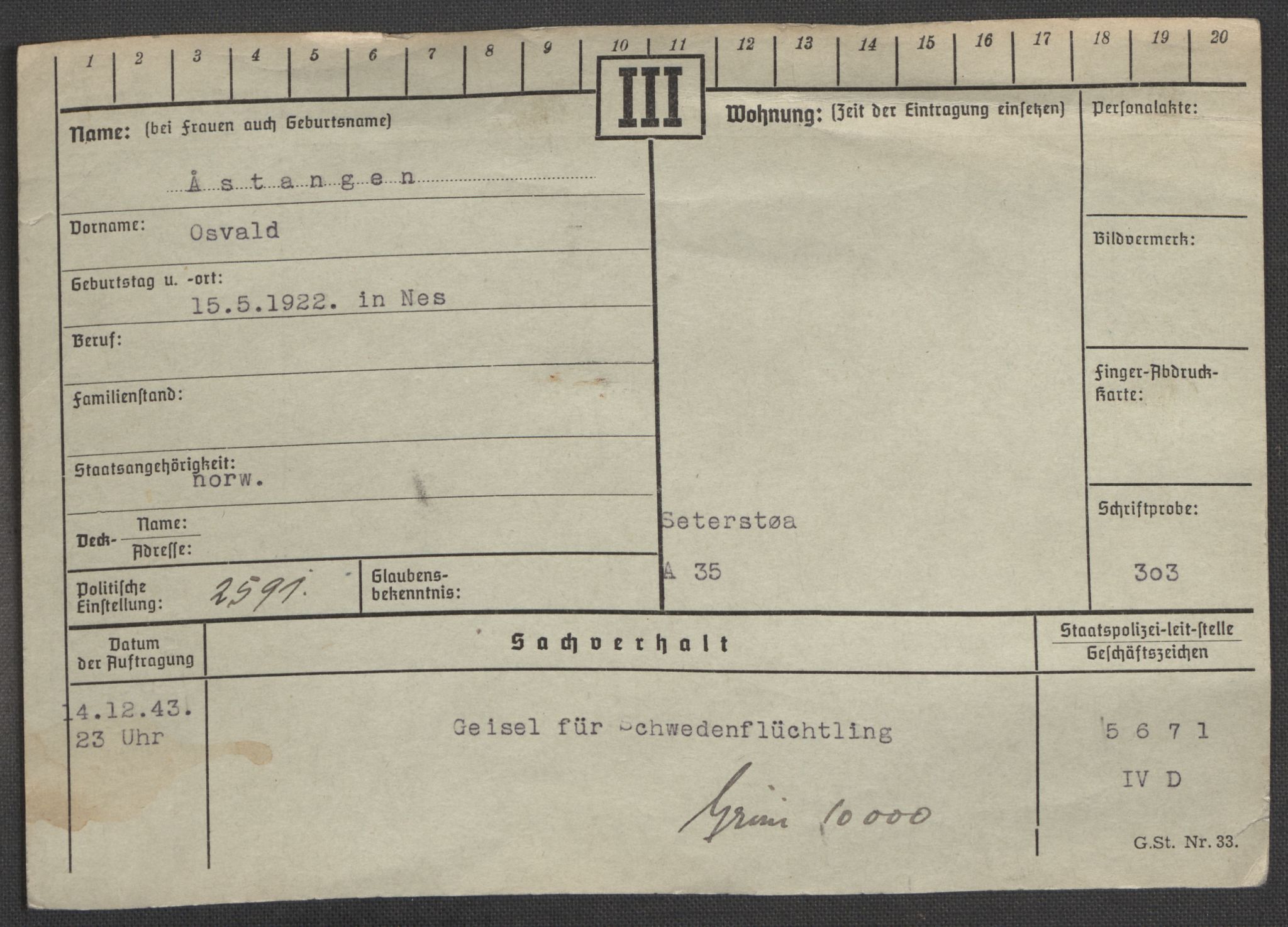 Befehlshaber der Sicherheitspolizei und des SD, AV/RA-RAFA-5969/E/Ea/Eaa/L0010: Register over norske fanger i Møllergata 19: Sø-Å, 1940-1945, s. 1526