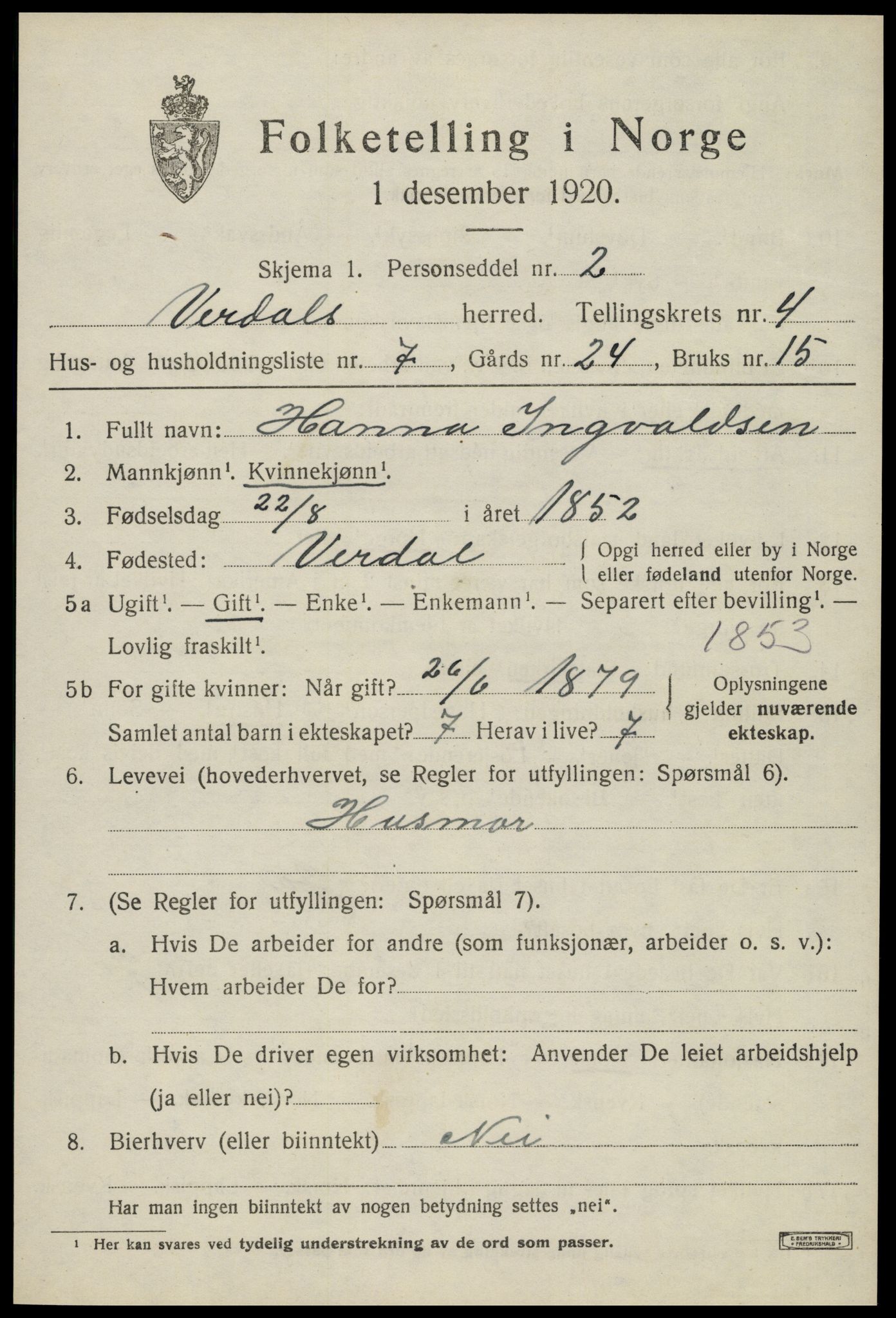SAT, Folketelling 1920 for 1721 Verdal herred, 1920, s. 7671