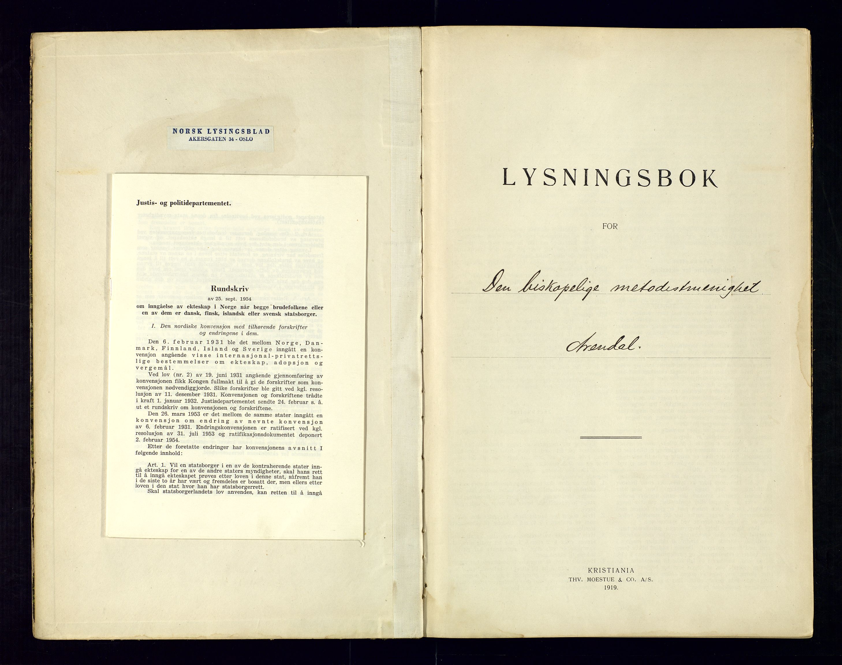 Metodistmenigheten, Arendal, AV/SAK-1292-0011/F/Fc/L0001/0001: Vigselsbok (dissentere) nr. 1.1, 1920-1969